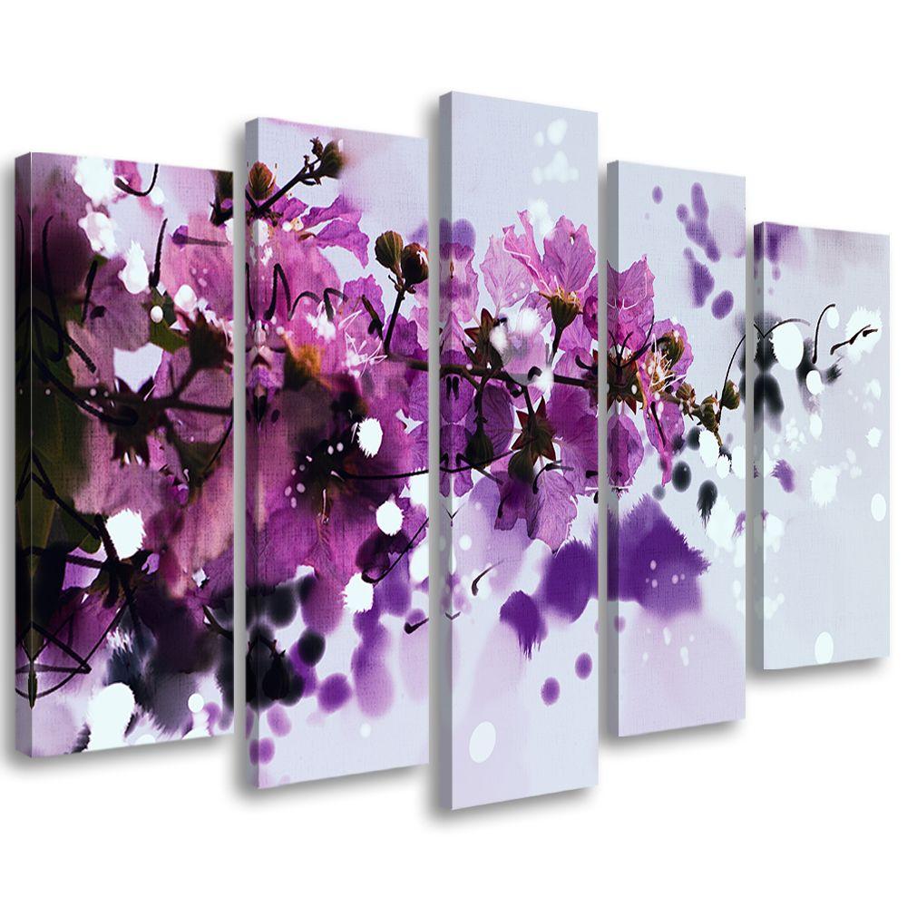 5 stykke lærredstryk, violette naturblomster