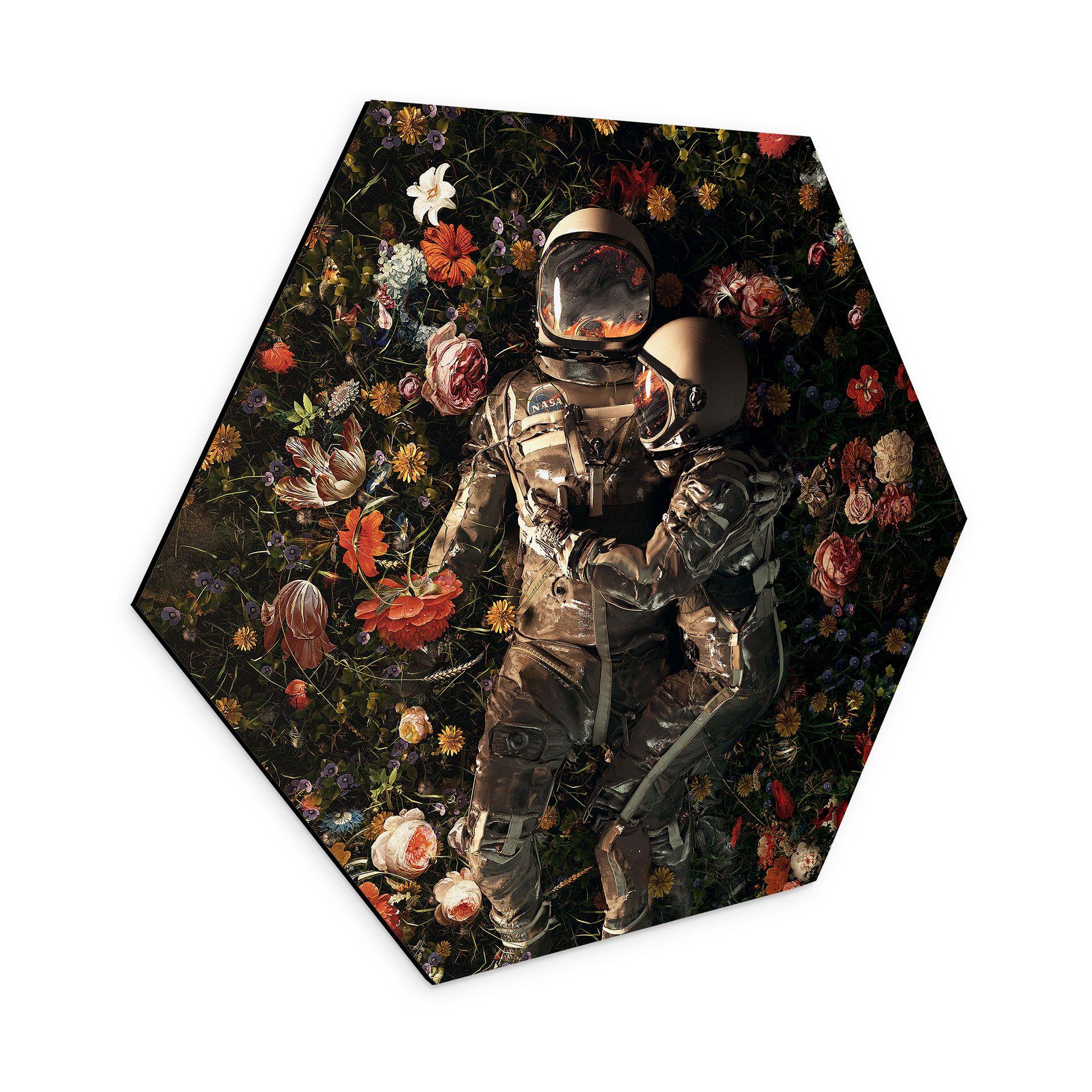 Hexagon Dibond Astronauter på en blomstereng - Nicebleed