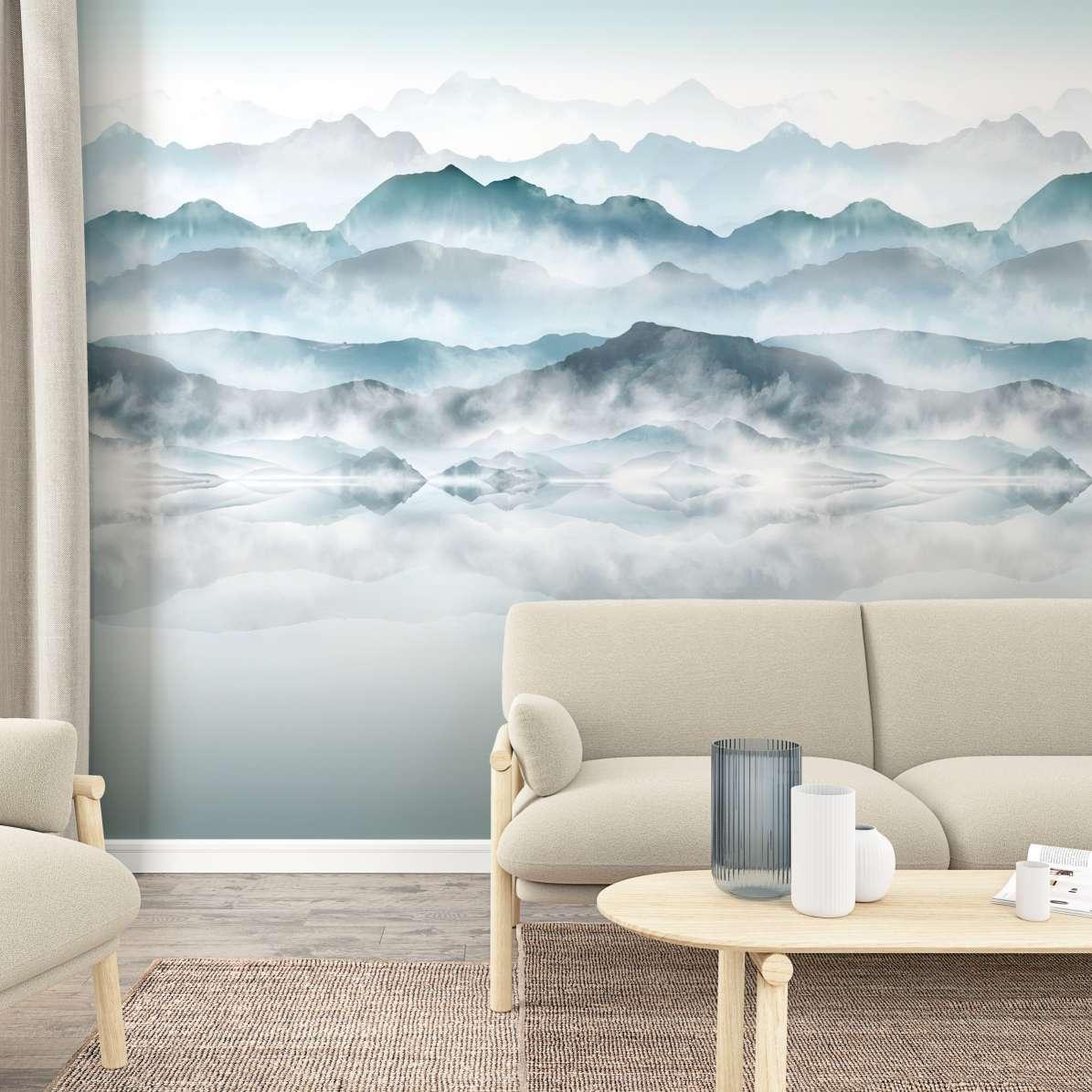 Fototapet med tåge og bjerge Blå, Grå, Illustration 2.70 x 2.12 m