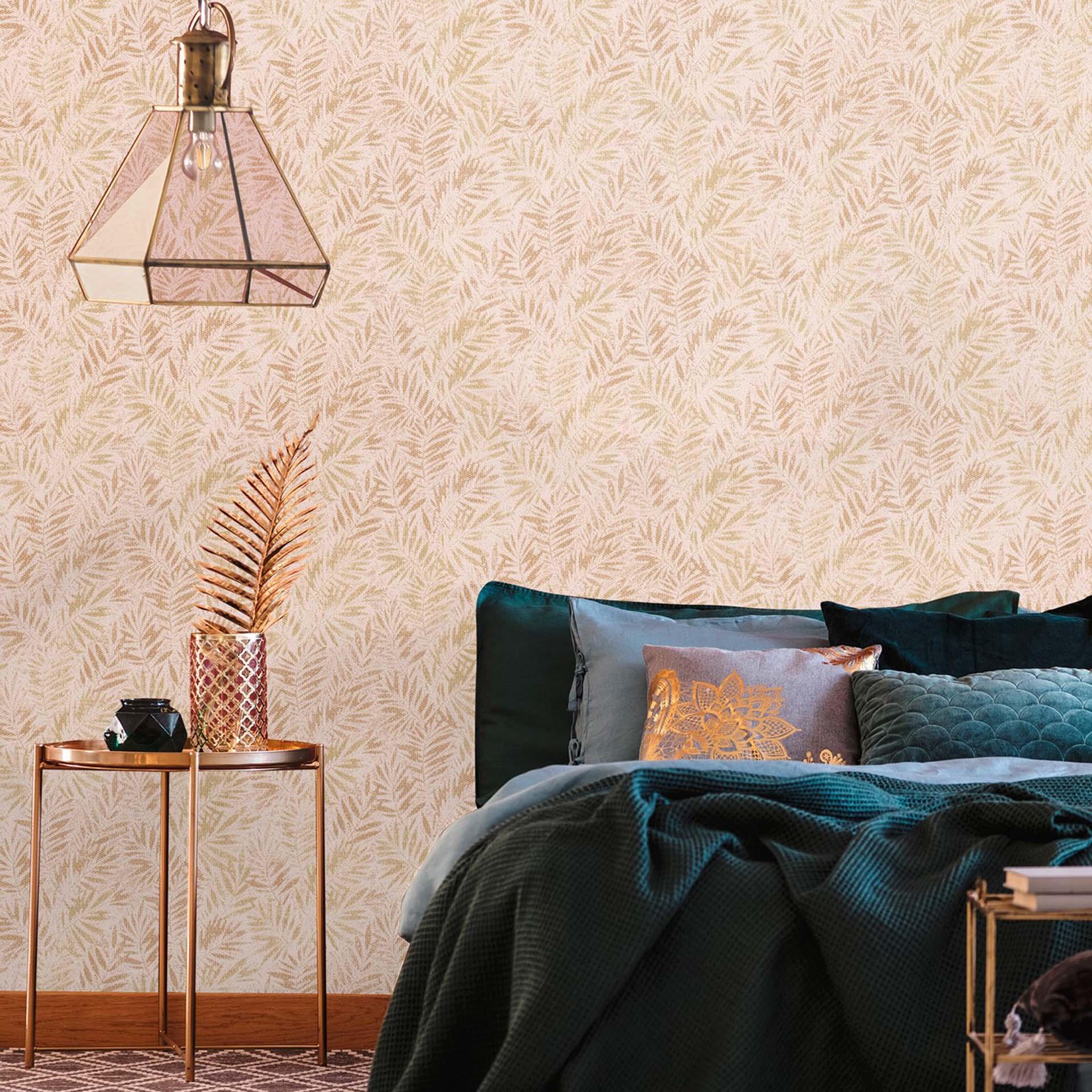 Papel pintado hojas de palmera rosa, oro - Papel pintado no tejido hojas, papel pintado motivo plantas