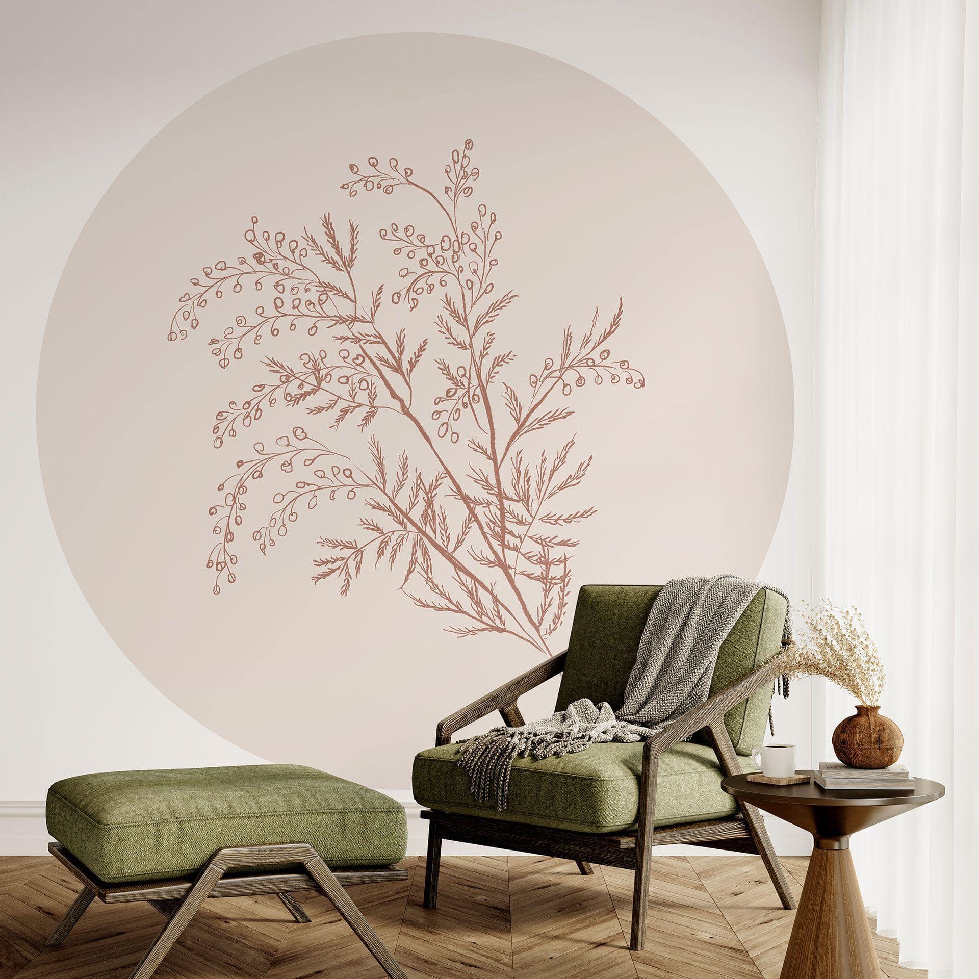 Gren af akacie i mokkafarve | Botanisk fototapet - anisillustration - rund - vliesetapet/selvklæbend
