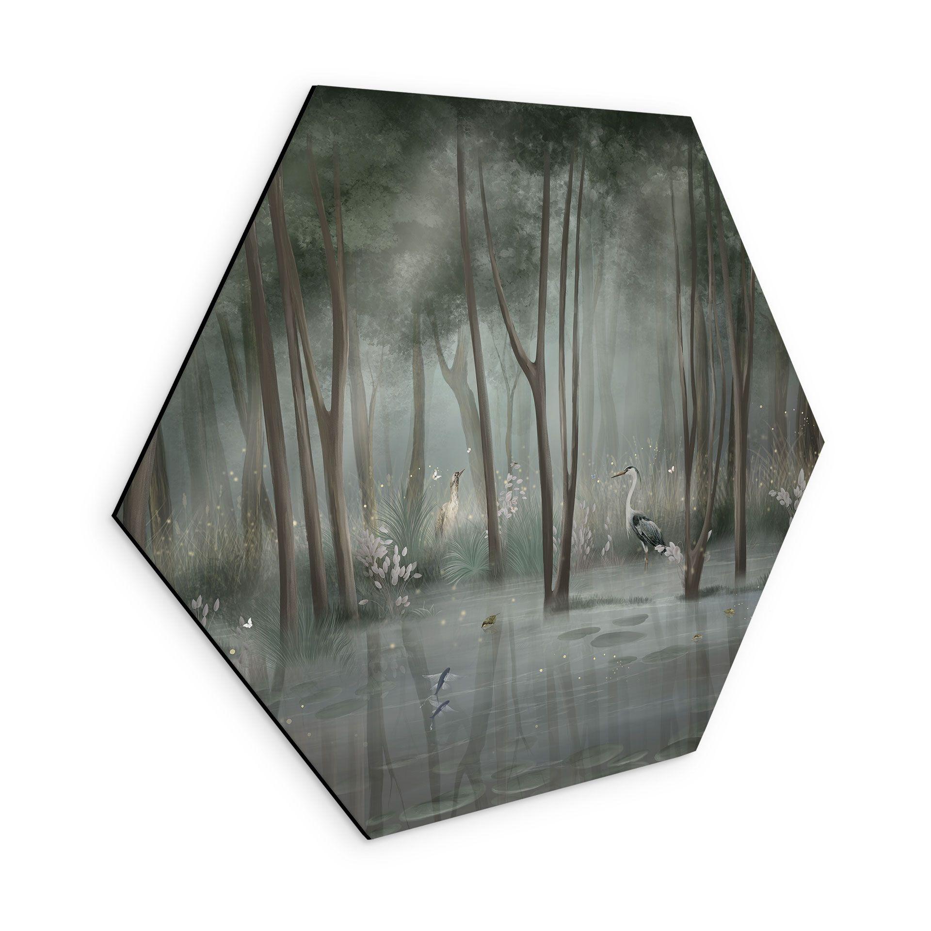 Wanddecoratie wolkenbos aan het meer met reiger in het groen - Ms Tiff - Aluminium Dibond