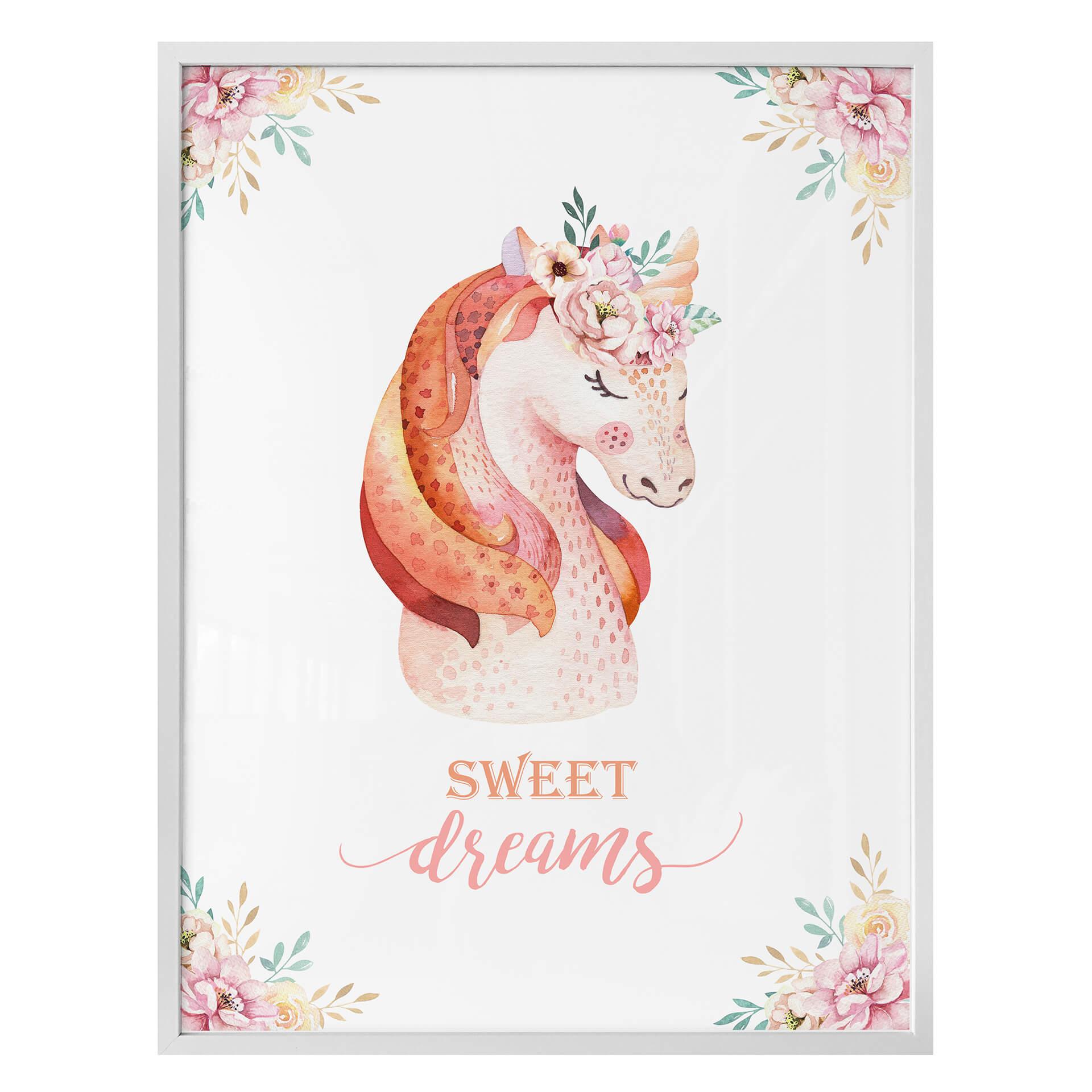 Póster Kvilis - Dulces sueños - Unicornio con corona de flores