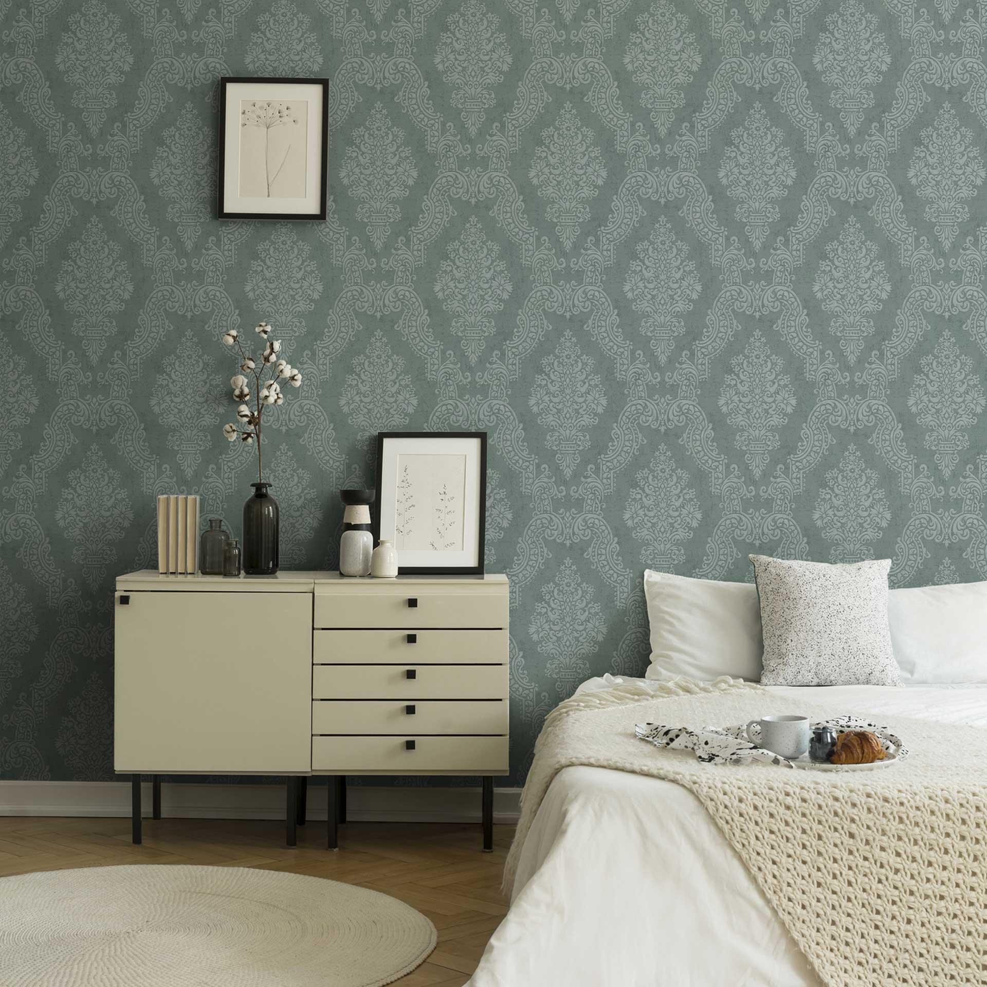 Barok ornamental mint sølv tapet - Ikke-vævet tapet med prægning - klassisk mønster tapet