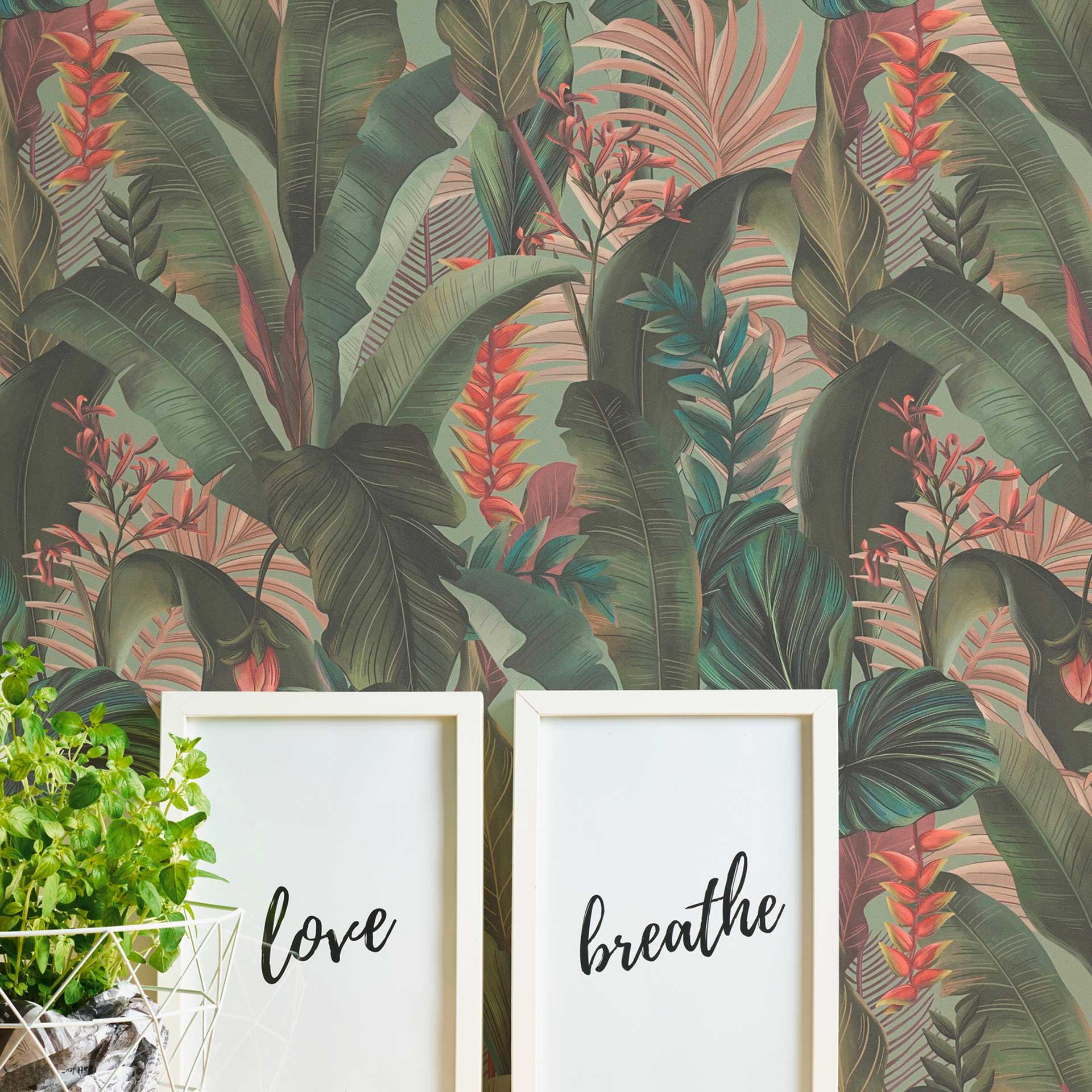 tapet med palmeblade lysegrønt rødt - blomstret non-woven tapet junglemotiver