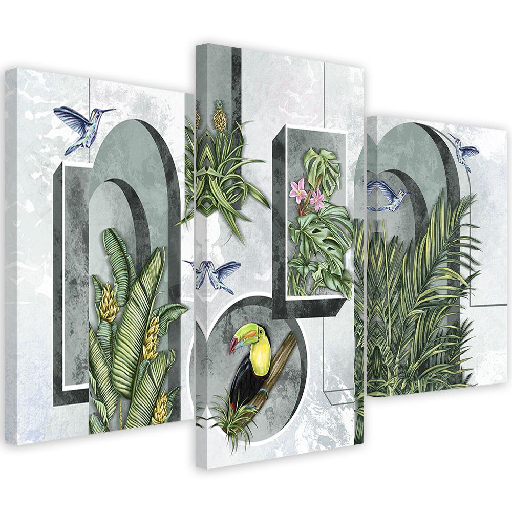 Lærred print 3 stykker, former i væggen med planter og fugle Toucan Koliber