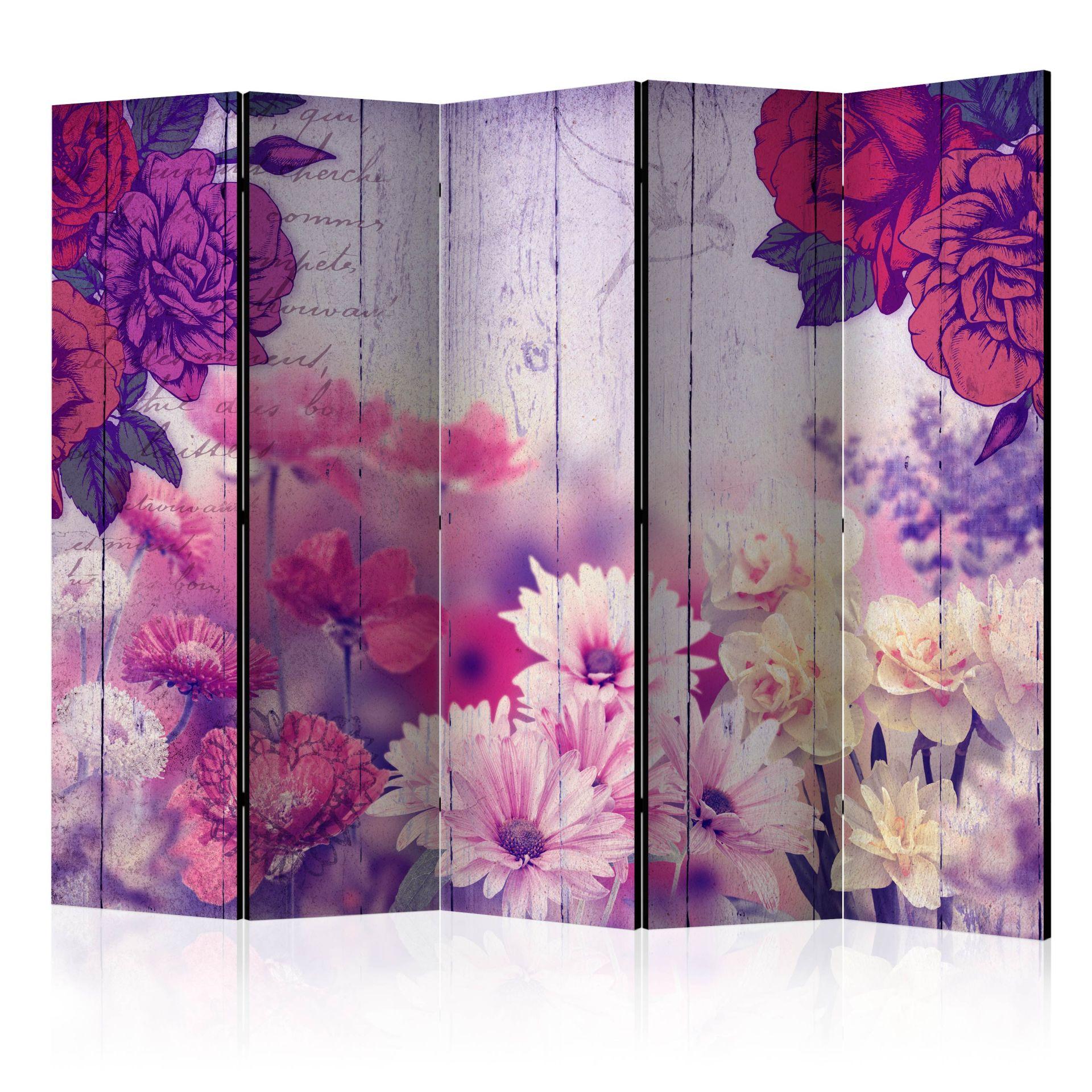 Paravent, Raumteiler freistehend, Trennwand - Flowers Memories II, 5-teilig - einseitig bedruckt - 225x172 cm