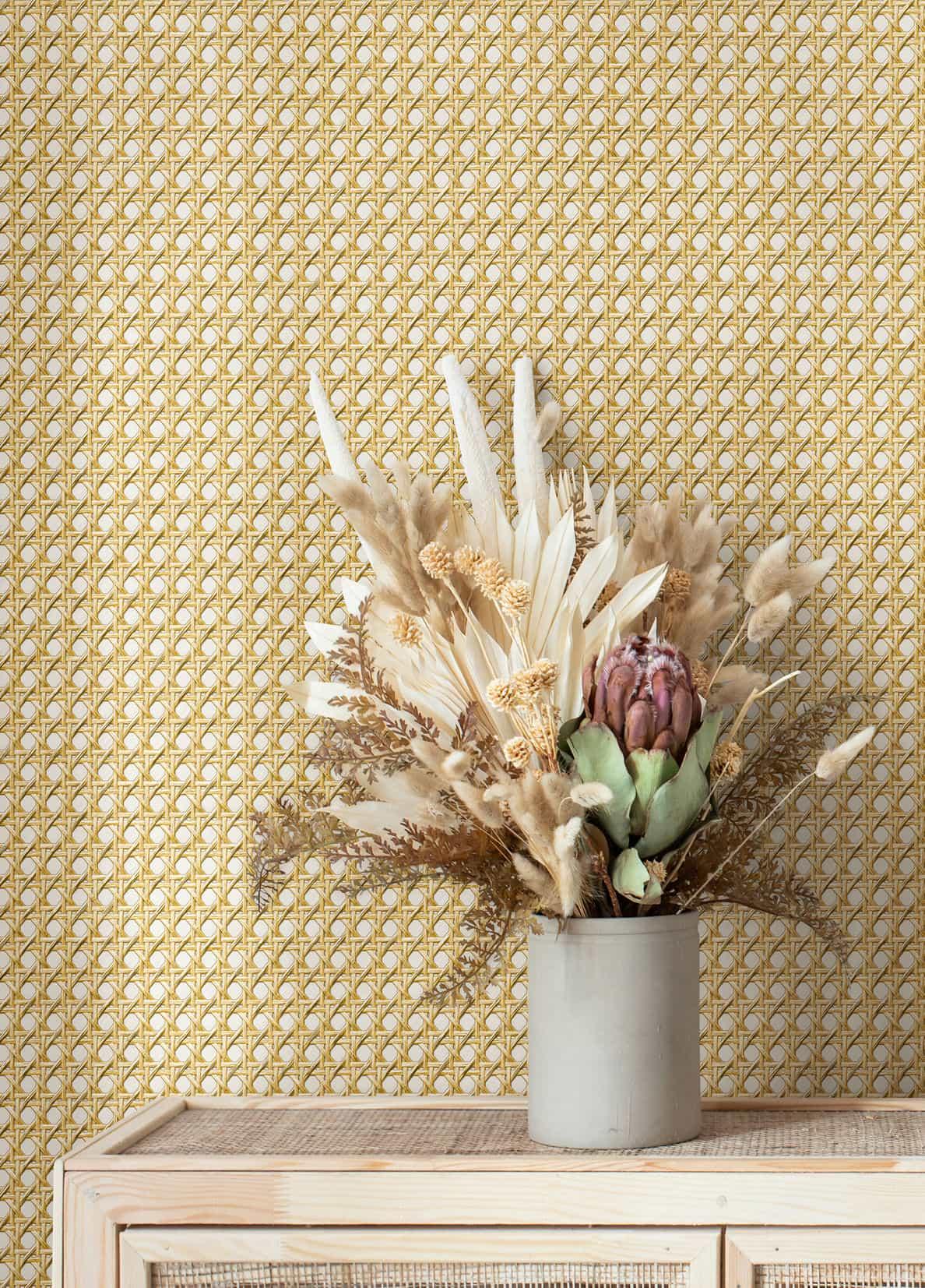 non-woven tapet i trælook og vævet look beige træeffekt