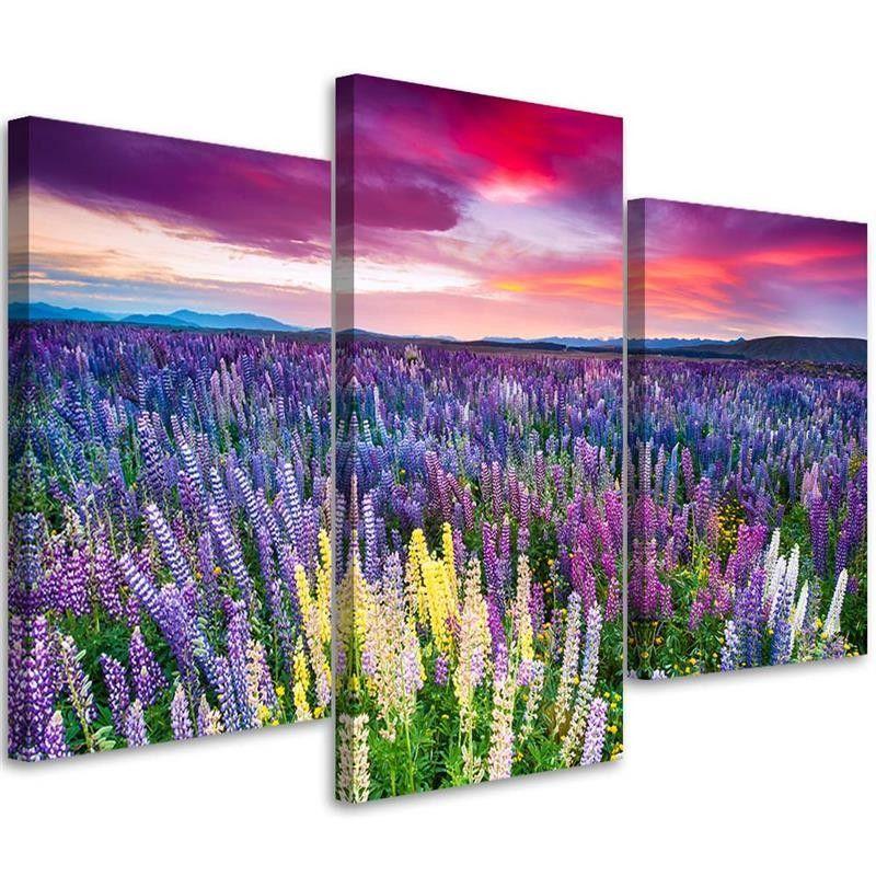 3 stykke lærredsprint, lavendel naturblomster lilla