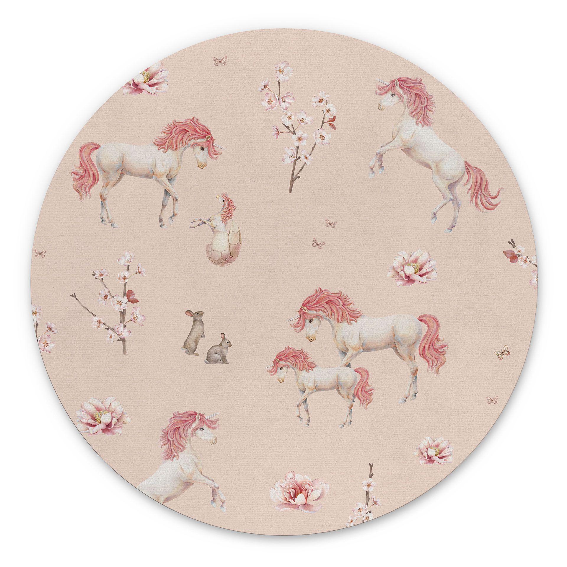 Fortryllede enhjørninger med kirsebærblomster Wallsticker - Kikki Belle - Rund – print på aluminium