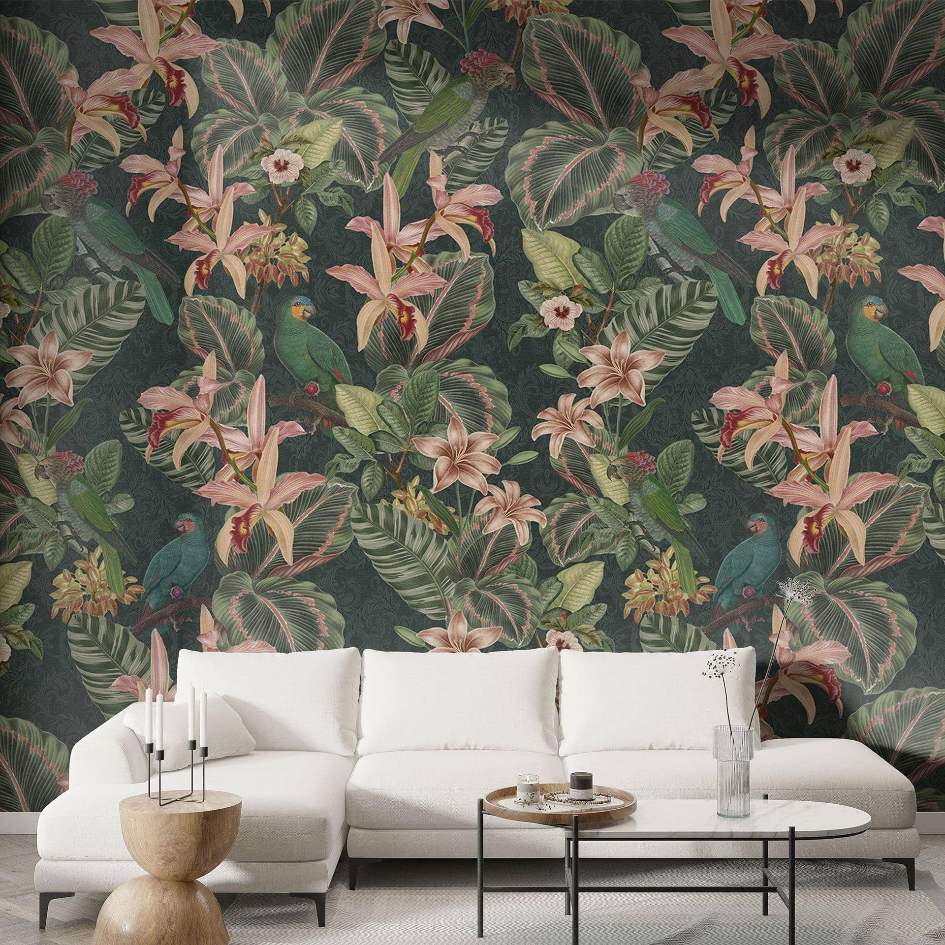 Papel pintado Selva con loros verde noche | Papel pintado Selva urbana - Bloomery Decor