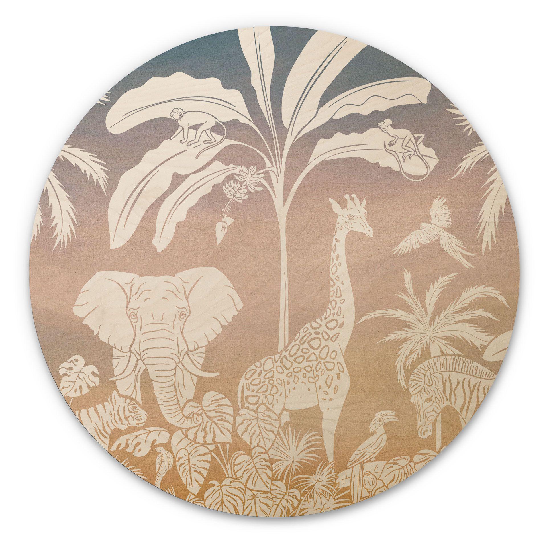 Cuadro de madera selva paradisíaca con animales salvajes - Ombre - Kikki Belle - Redondo