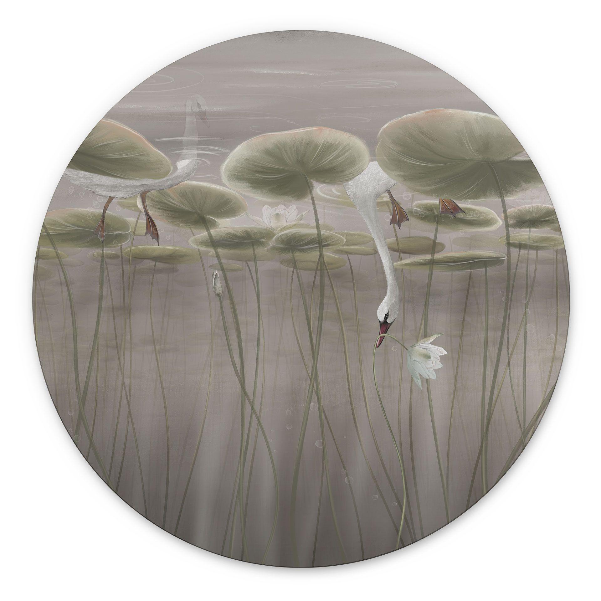 Wanddecoratie Lotusbloemen met zwaan in water in grijs - Ms Tiff - Alu-Dibond Rond