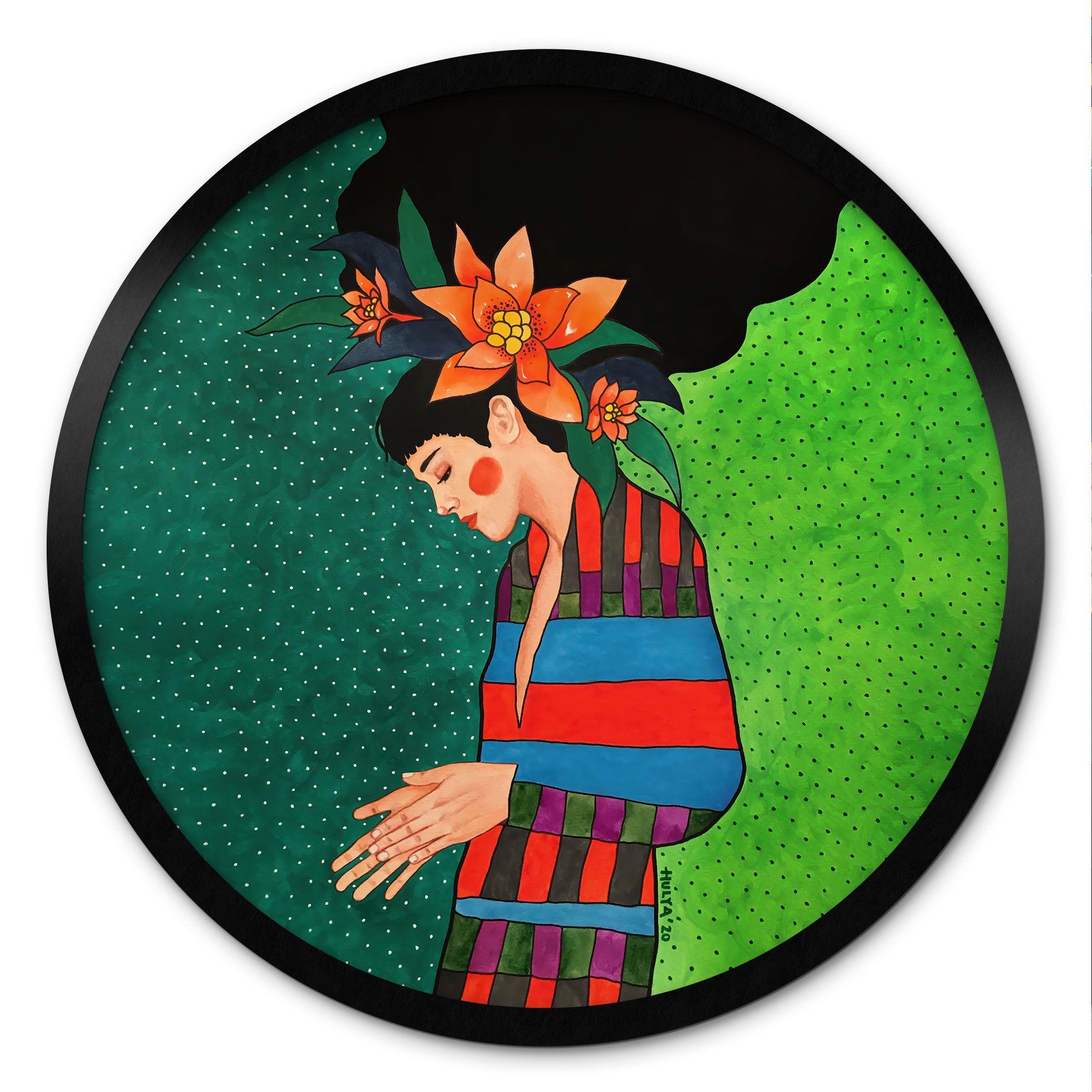 Póster Mujer con vestido a rayas y flores naranjas - Hülya - Redondo