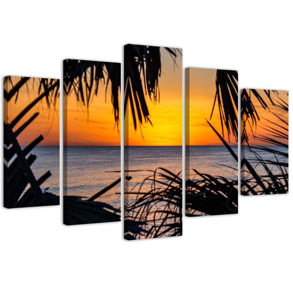 5 stykke lærredstryk Sea Palm Trees Sunset