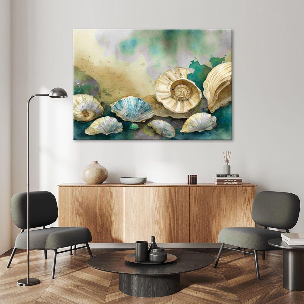 Canvasbillede, havskaller turkis akryl