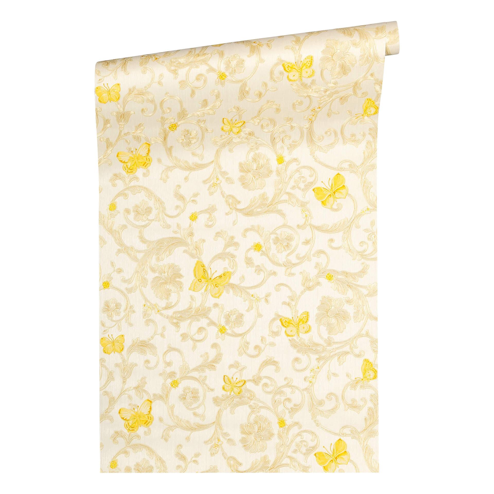 Versace tapet, Fleecetapet Butterfly Barocco Baroktapet med ornamenter, sølv, gul, creme