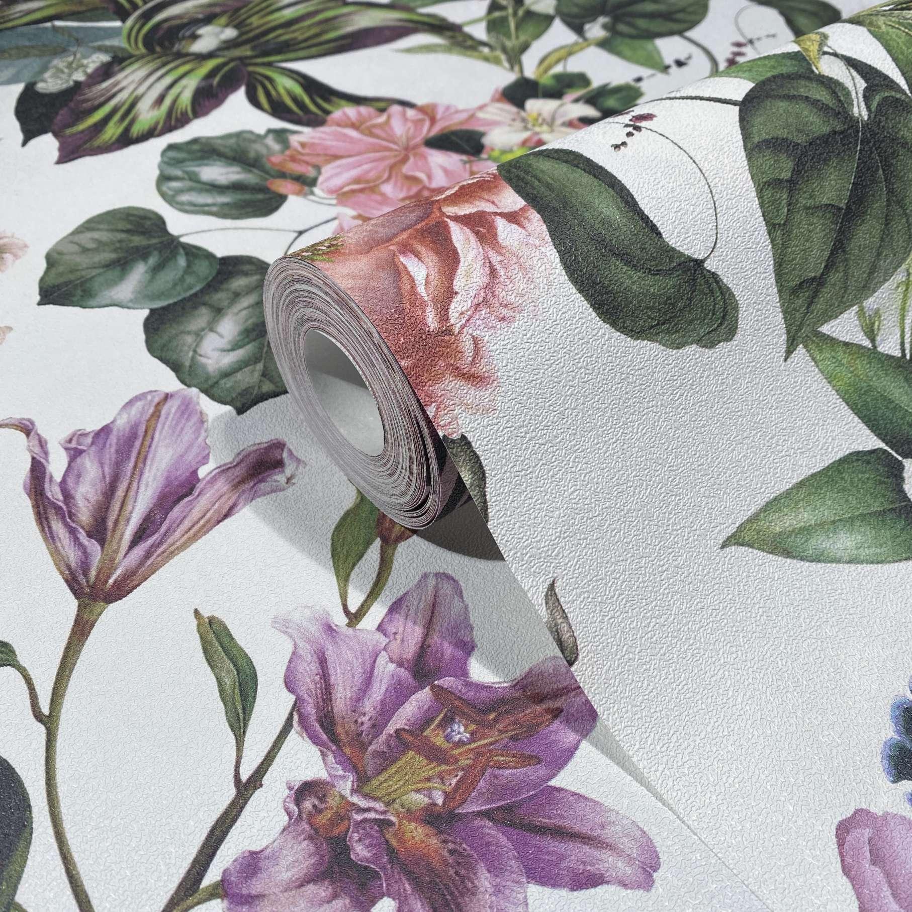 Tapet, non-woven blomstertapet Flora hvid, rosa