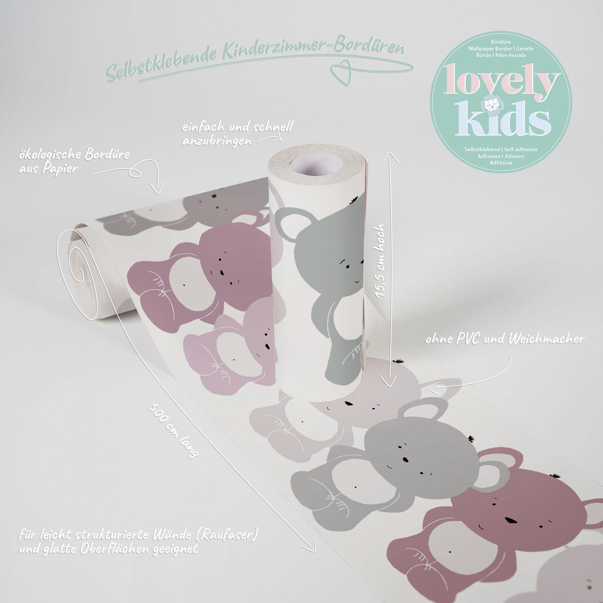 A.S. Création Lovely Kids Frise autocollante enfant - Rosé, Gris