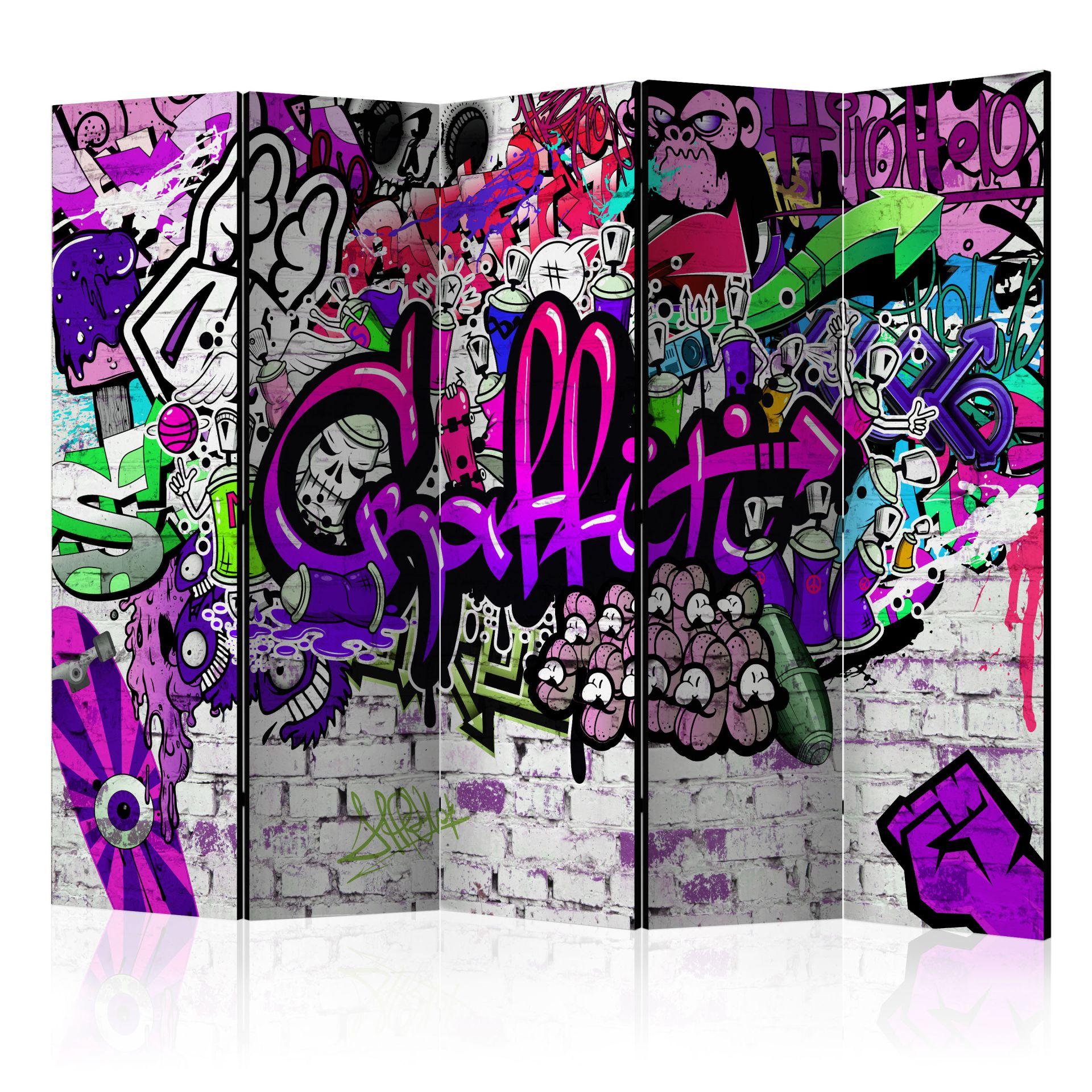 Skærm til rumdeling - Lilla graffiti, 5-delt - 225x172 cm