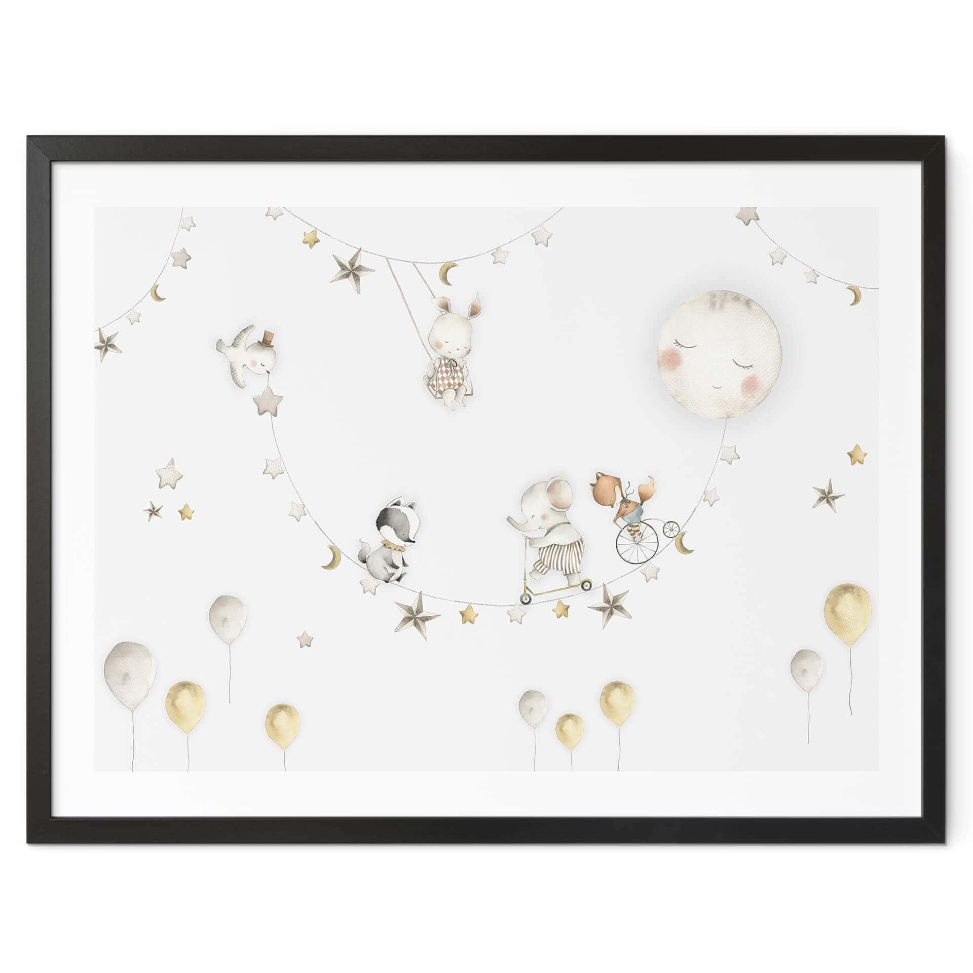 Póster para habitación infantil Animales felices con cielo estrellado - Oliver Robins