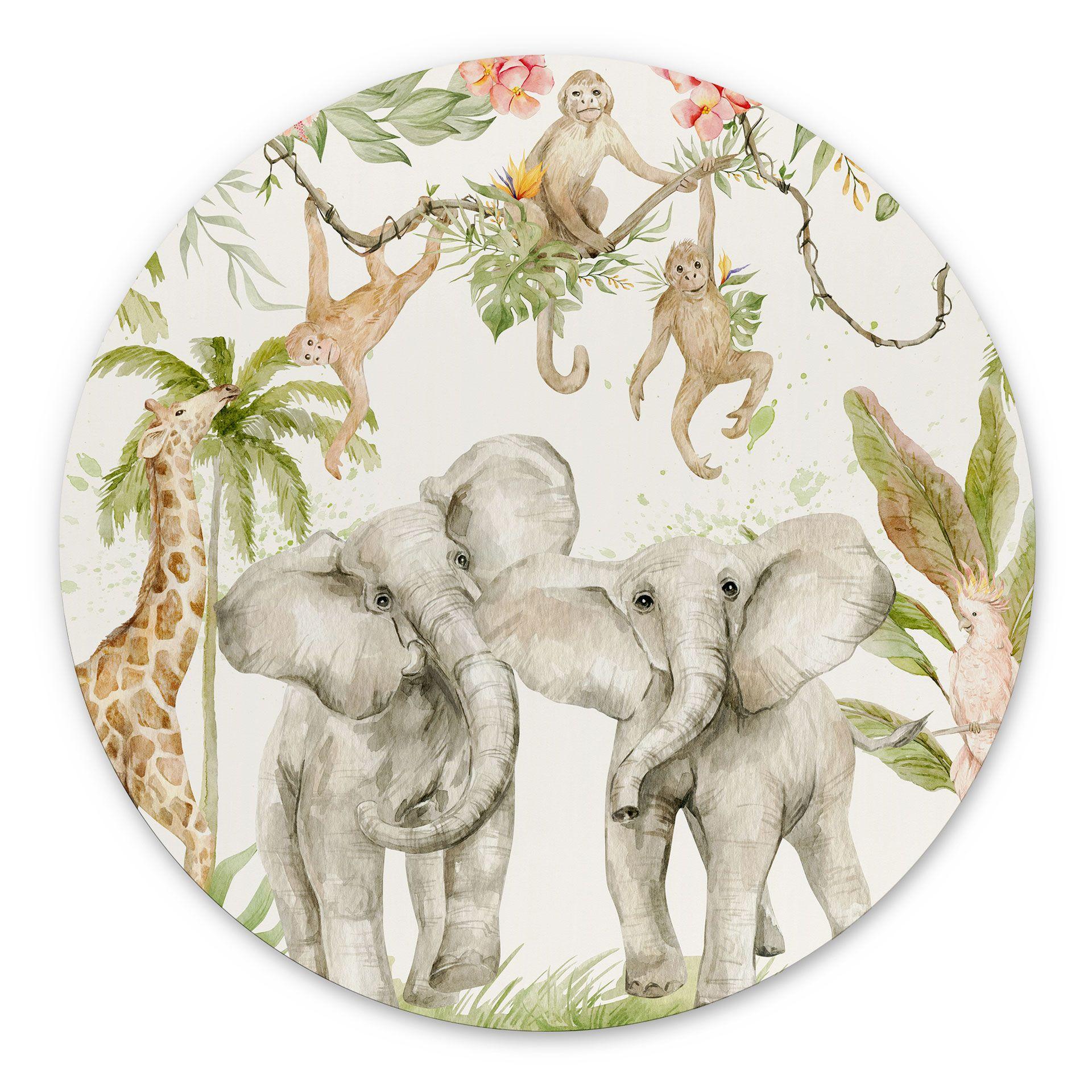 Vægcirkel Dyr i den tropiske jungle - UN Designs – print på aluminium (Alu-Dibond)