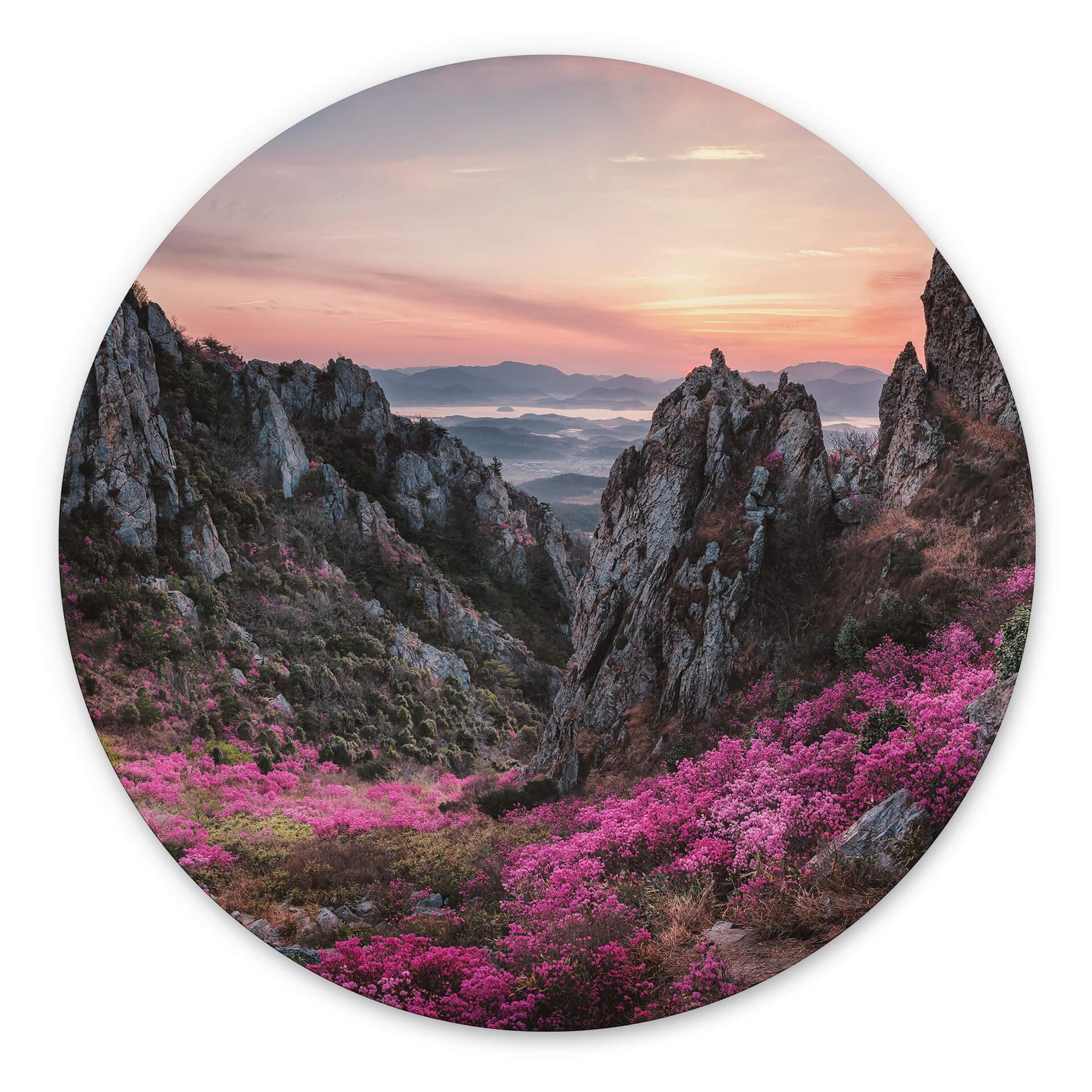Tableau sur alu-Dibond rond Seo - Paysage rocheux au coucher du soleil
