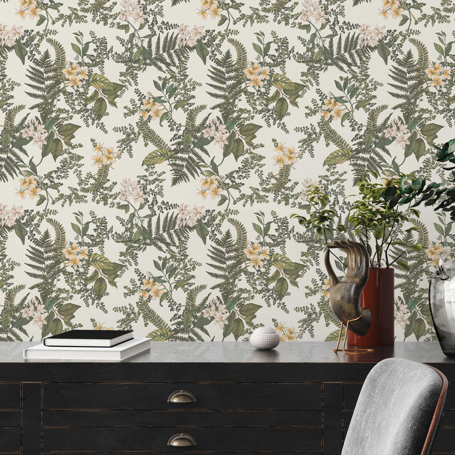 plantetapet med blomster hvid grøn - non-woven tapet med blomstermotiver