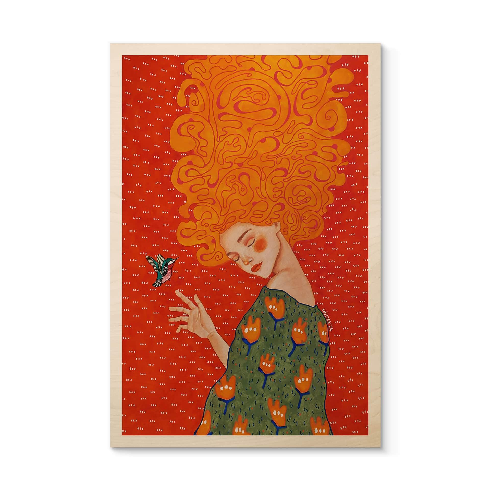 Cuadro de madera colibrí y mujer en luz roja - Hülya