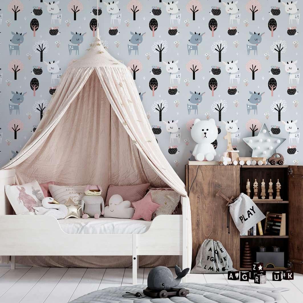Børnetapet, non-woven tapet med illustration Kids Walls, grå, sort