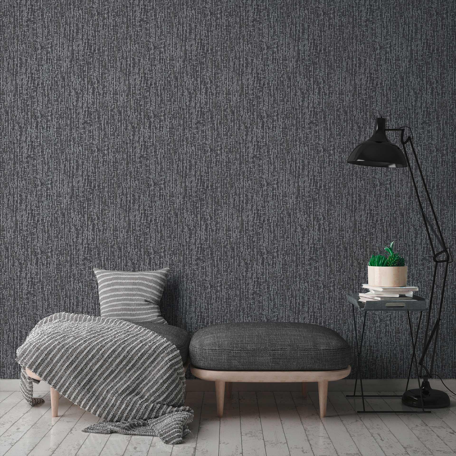 Non-woven tapet i textil look silver black - textiltapet med design 