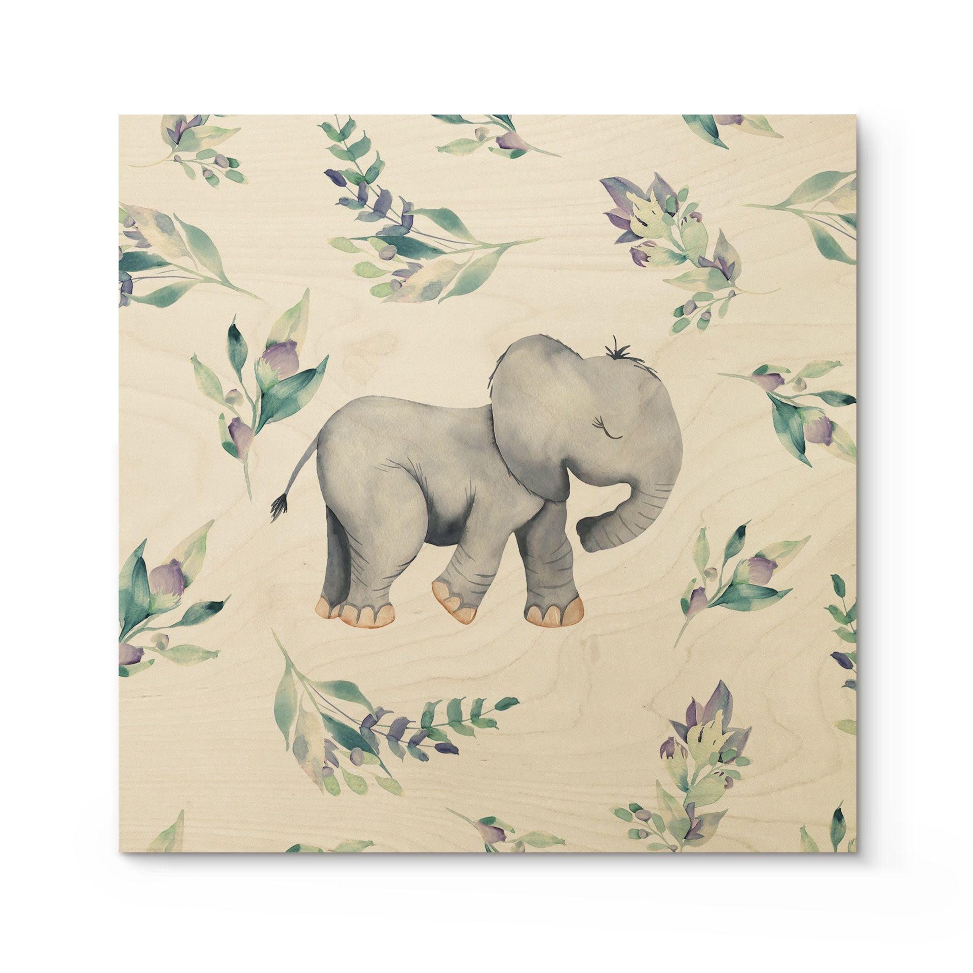 Cuadro de madera Lindo bebé elefante entre ramas boho - Diseños ONU - Cuadrado