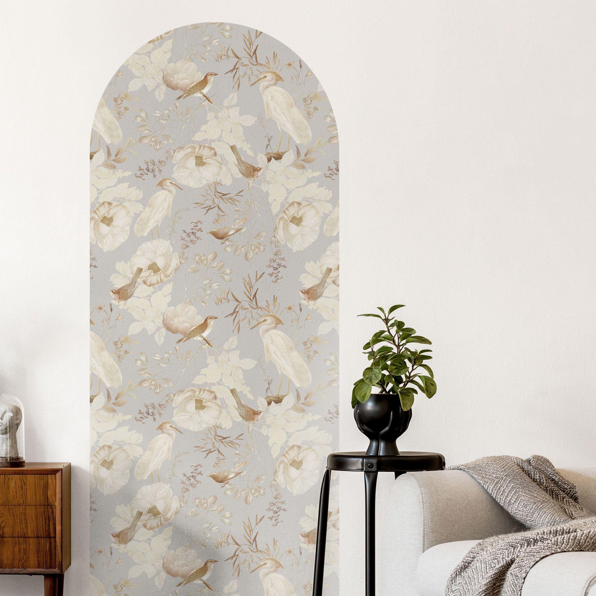 Wallsticker rundbue vægpanel fugle mellem hvide blomster - UN Design - smal