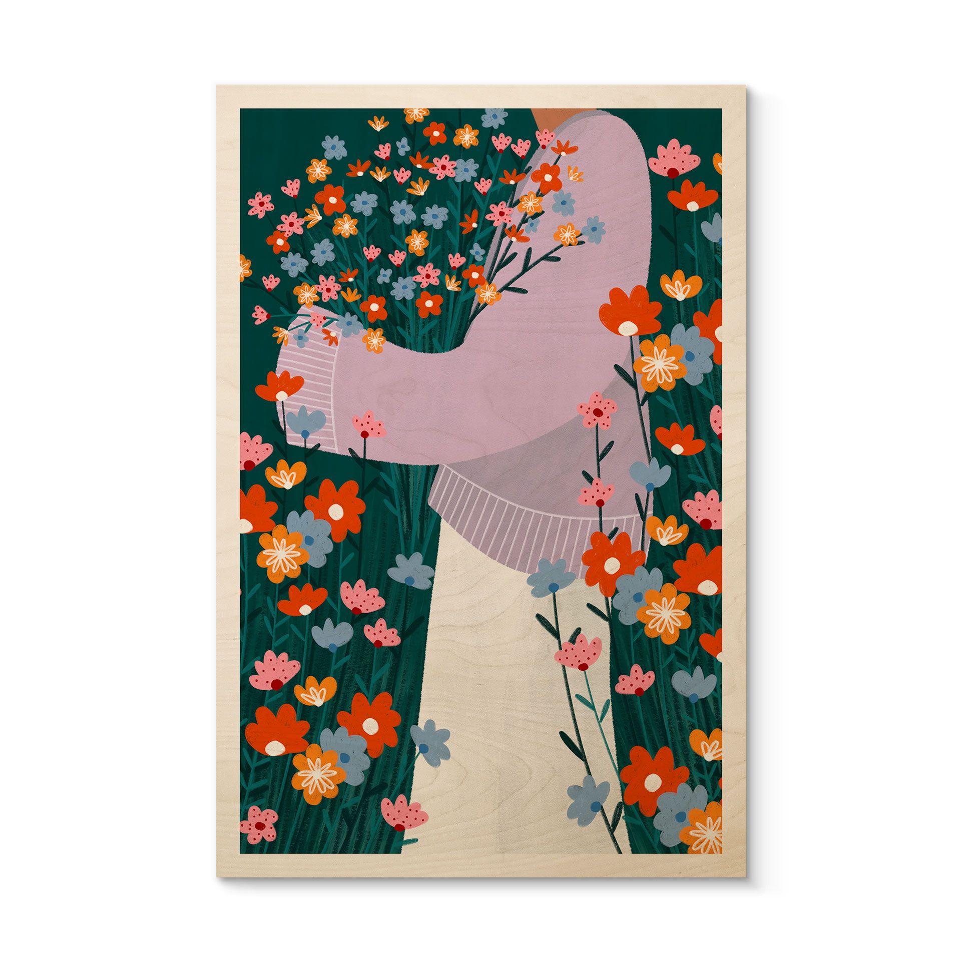 Cuadro de madera de una mujer en un colorido jardín de flores - Müller