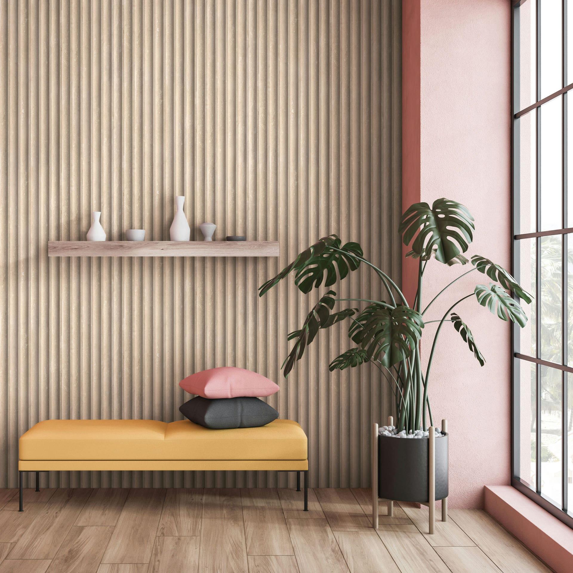 Papel pintado no tejido de color marrón aspecto 3D panel acústico aspecto madera rayas clásico 