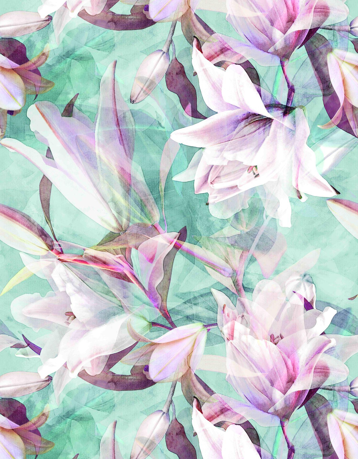 Fototapet Sarte akvarelblomster i pastel på lyseblå med blødt fokus 3,4 x 2,65 m