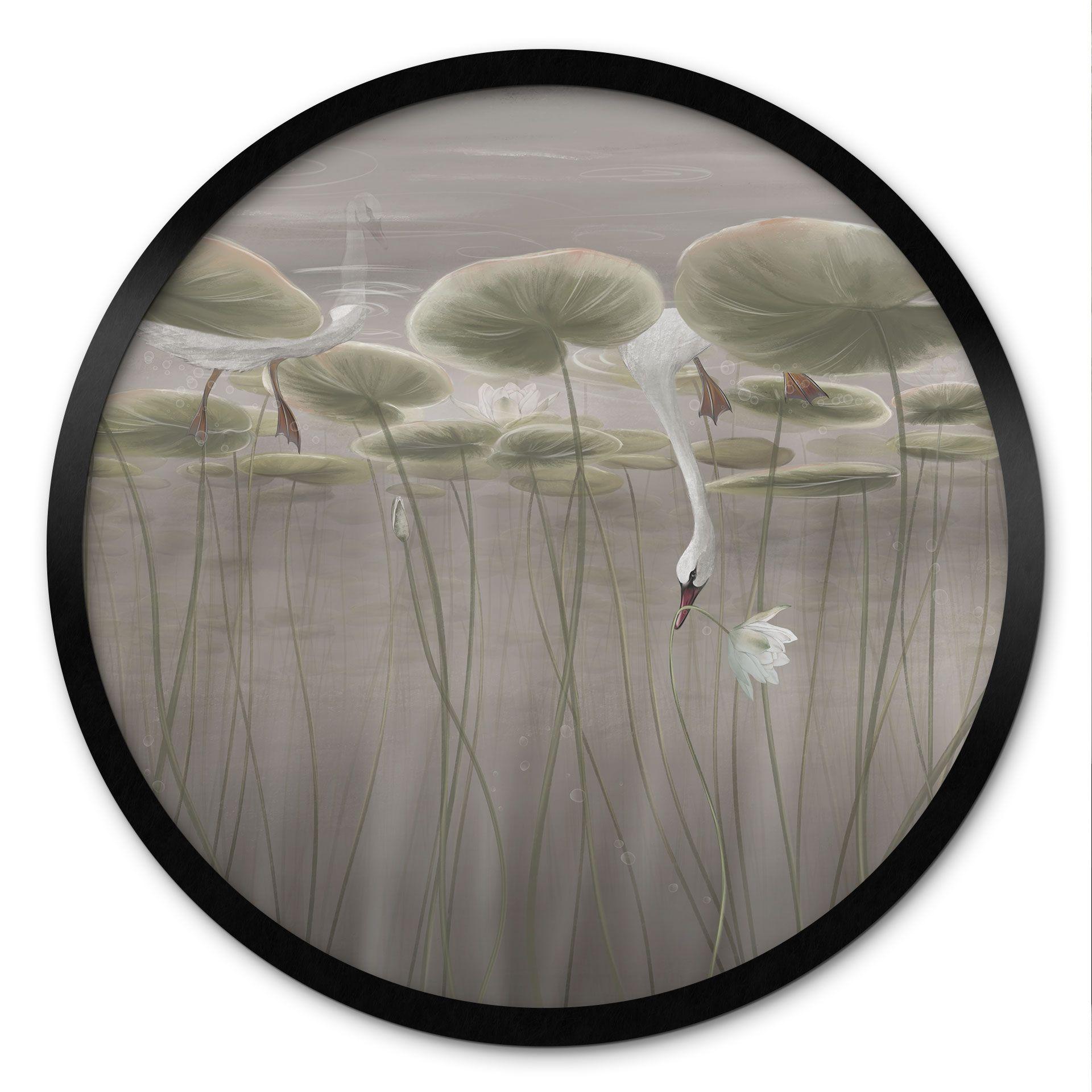 Poster Lotusbloemen met zwaan in water in grijs - Ms Tiff - Rond