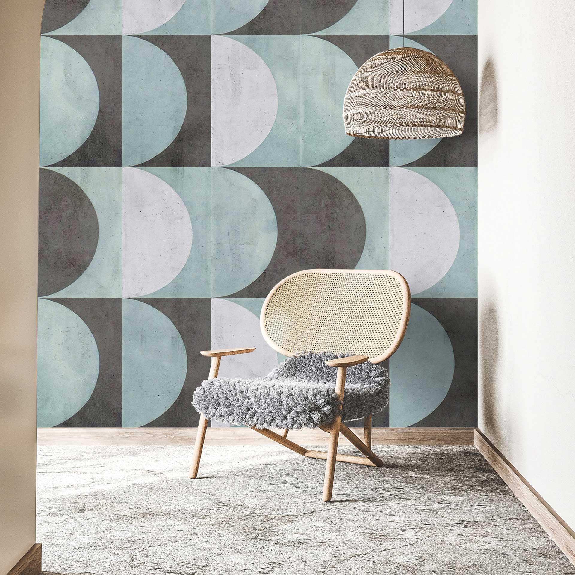 Cirkelgeometrisk tapet i pastelblå grå - moderne non-woven tapet