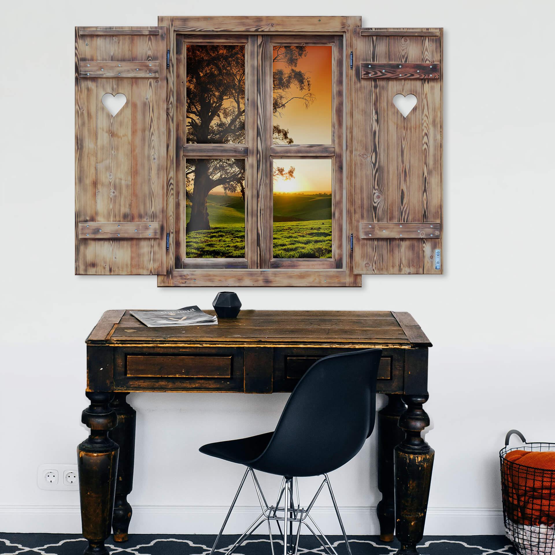 3D Wallsticker trævindue med hjerte - Solnedgang over bakkerne