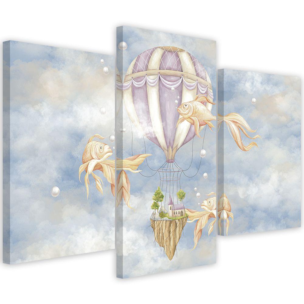 Lærred print 3 stykker, luftballon flyvehus og fisk
