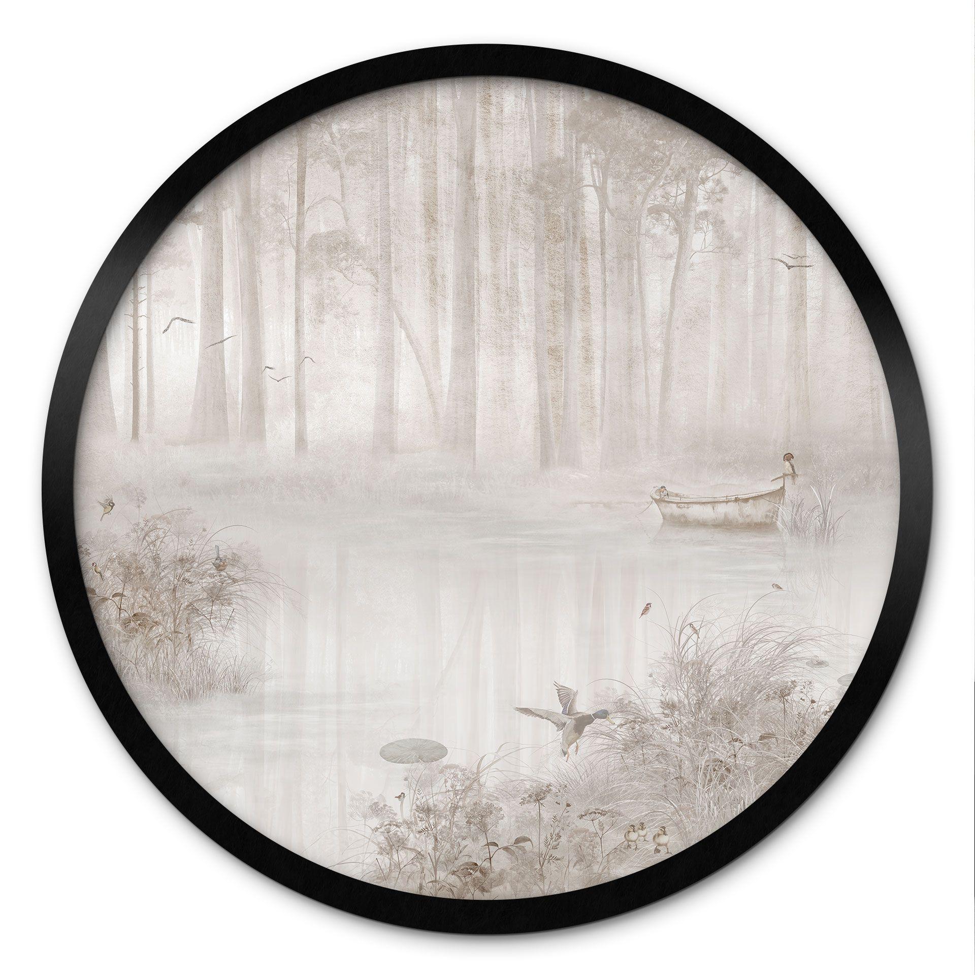 Poster Bos bij het meer in mist in beige - Ms Tiff - Rond