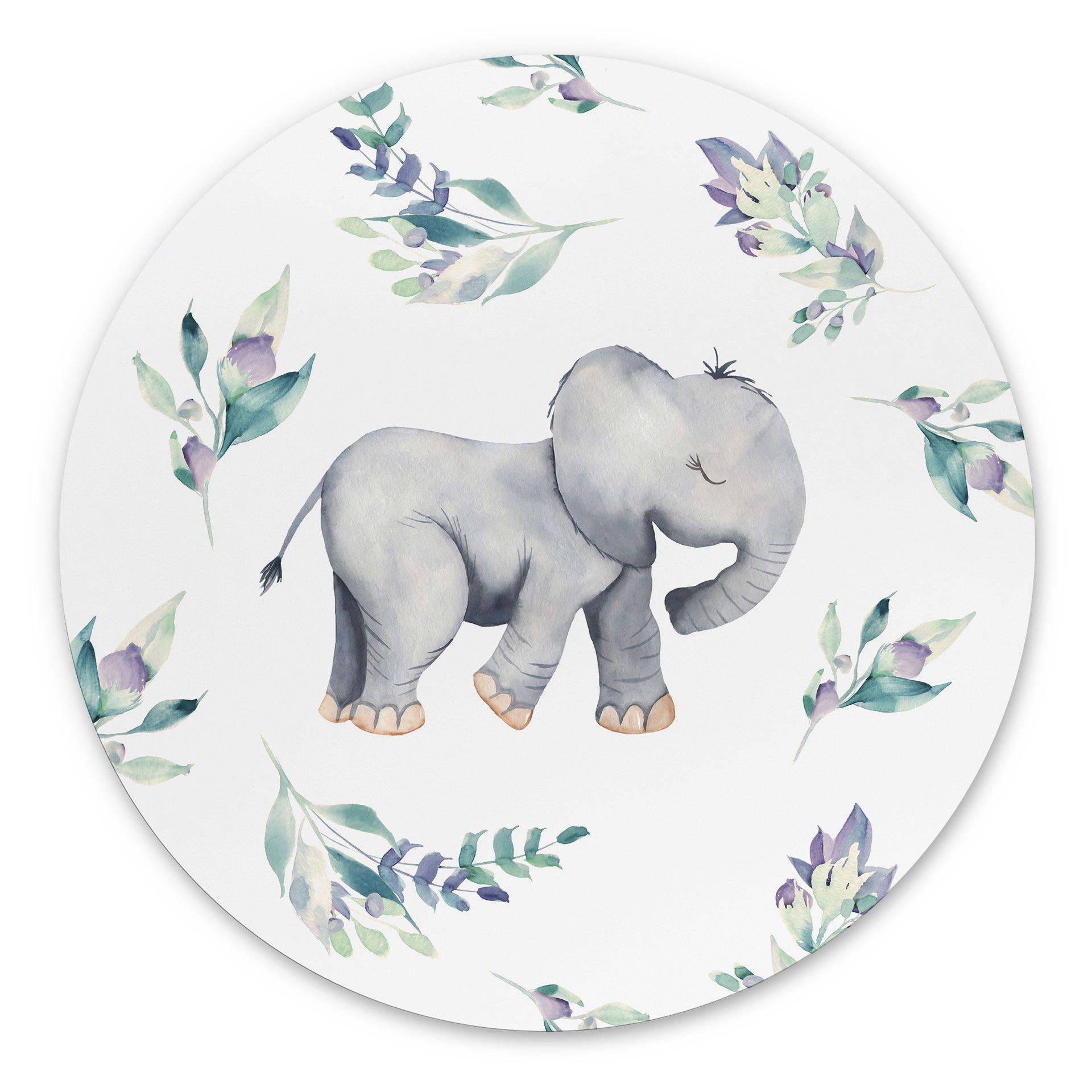 vægdekoration Sød babyelefant mellem boho-grene - UN Designs – print på aluminium