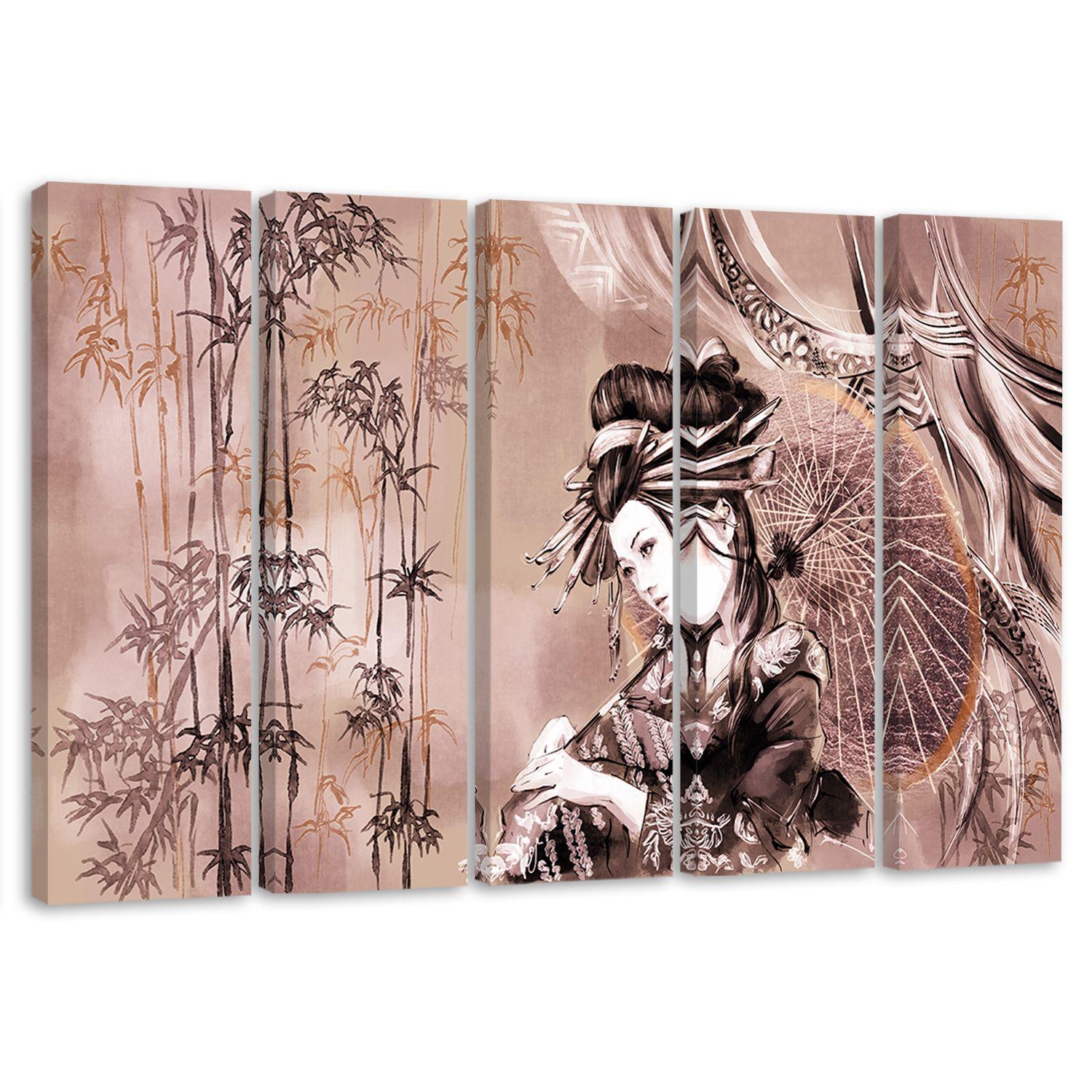 Lærred print 5 dele, geisha og bambus