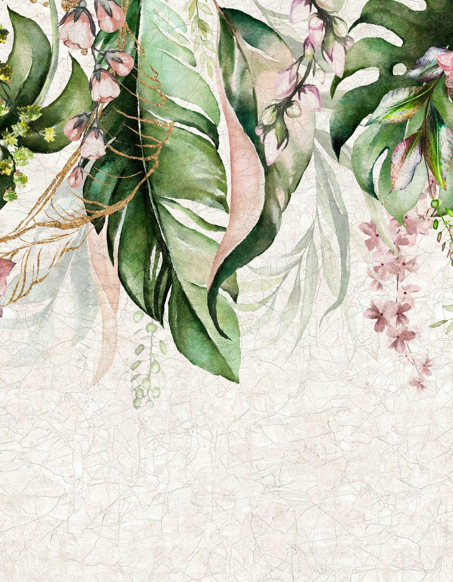 Akvarel jungleblade med sarte blomster Fototapet 3,4 x 2,65 m