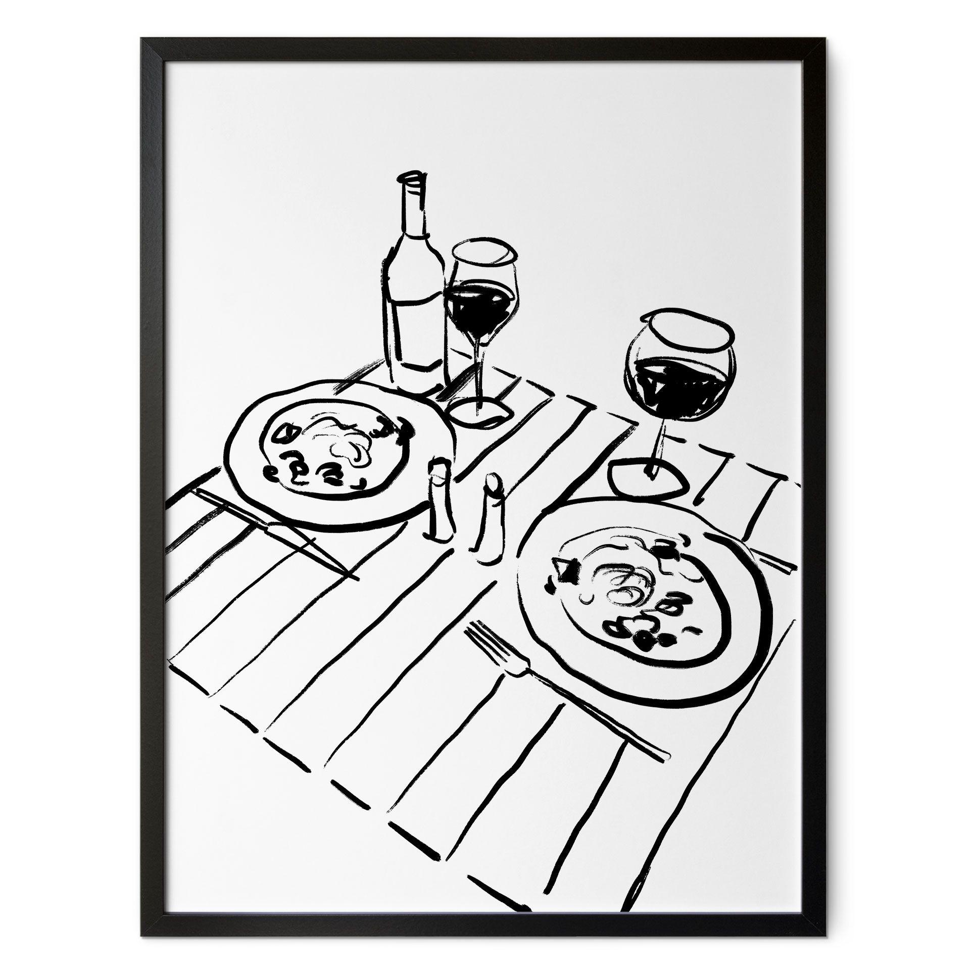 Póster Bodegón Cena con Vino | Line Art - Treechild