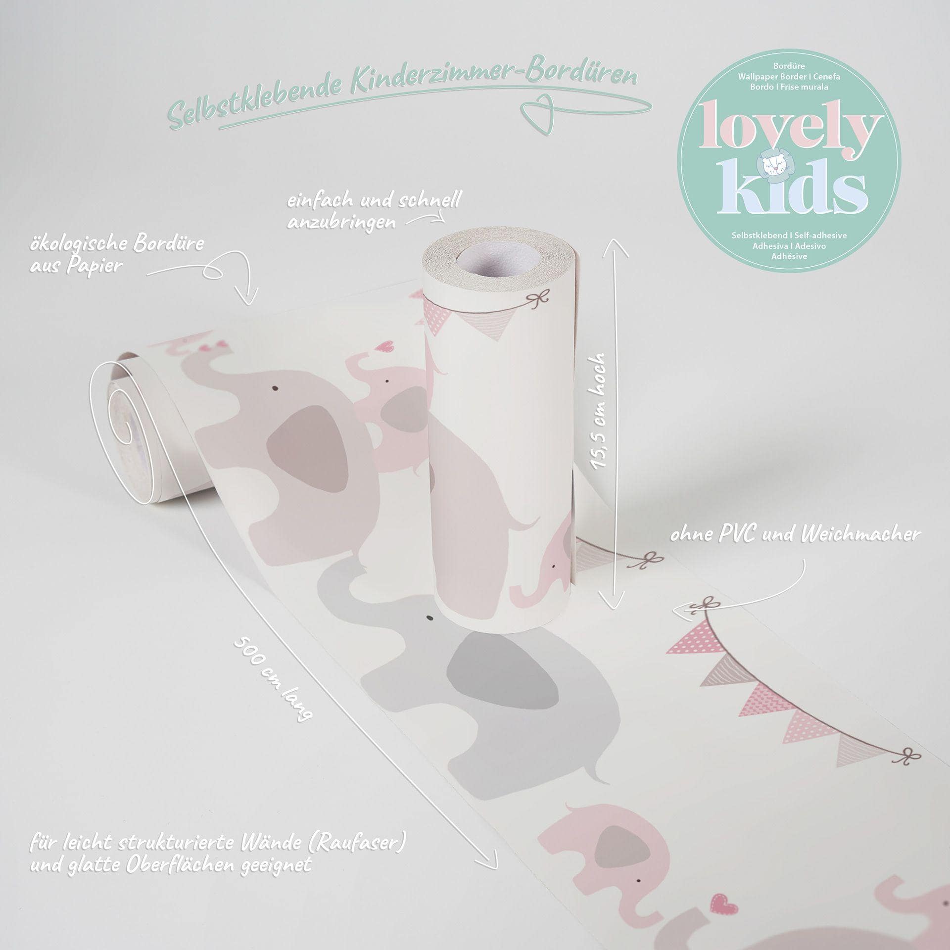 A.S. Création Lovely Kids Frise autocollante enfant - Rosé, Gris