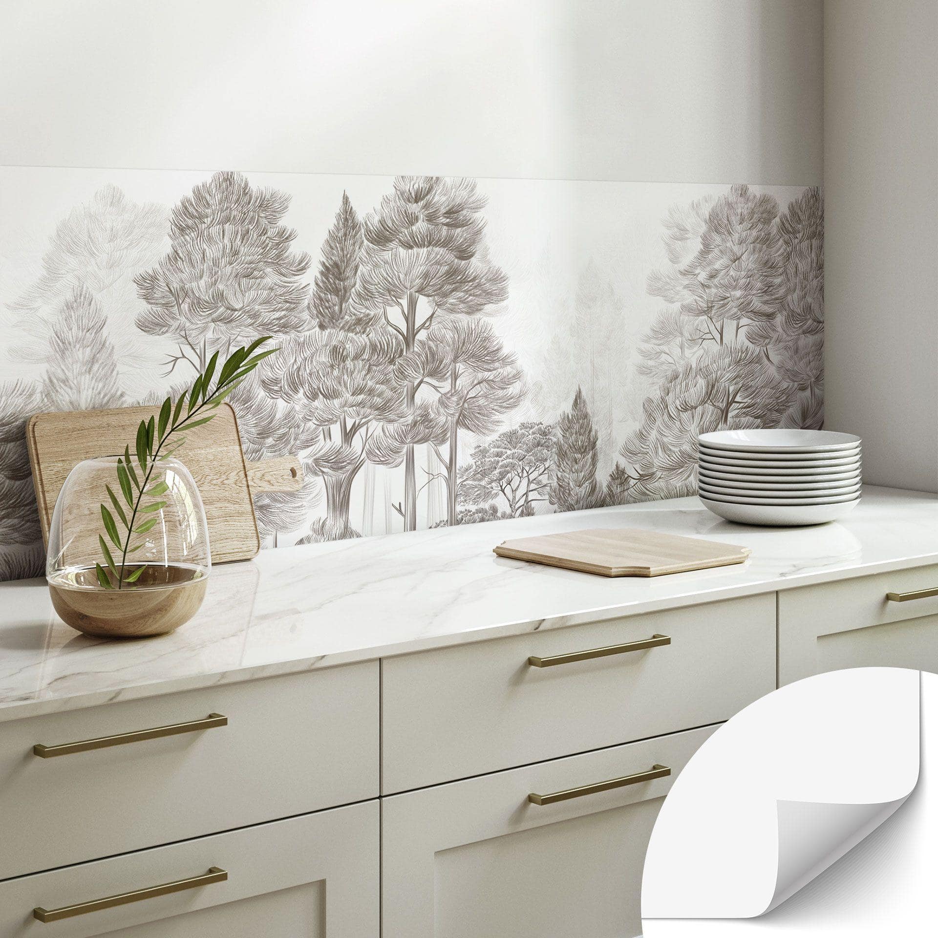 Zelfklevende Keukenachterwand bos met boslandschap in beige - Ms Tiff