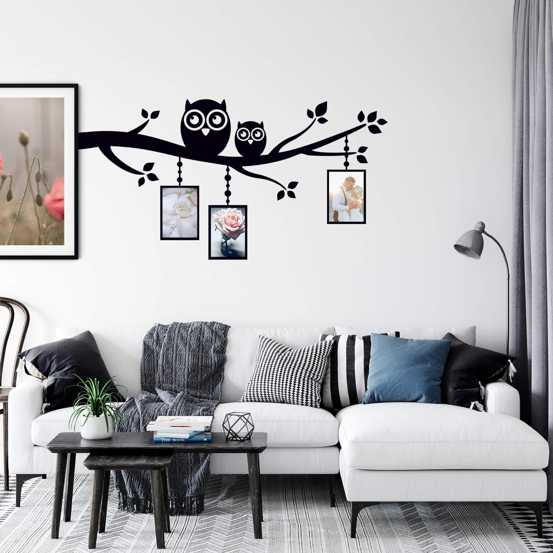 Sticker mural - Branche avec hiboux et cadres photos