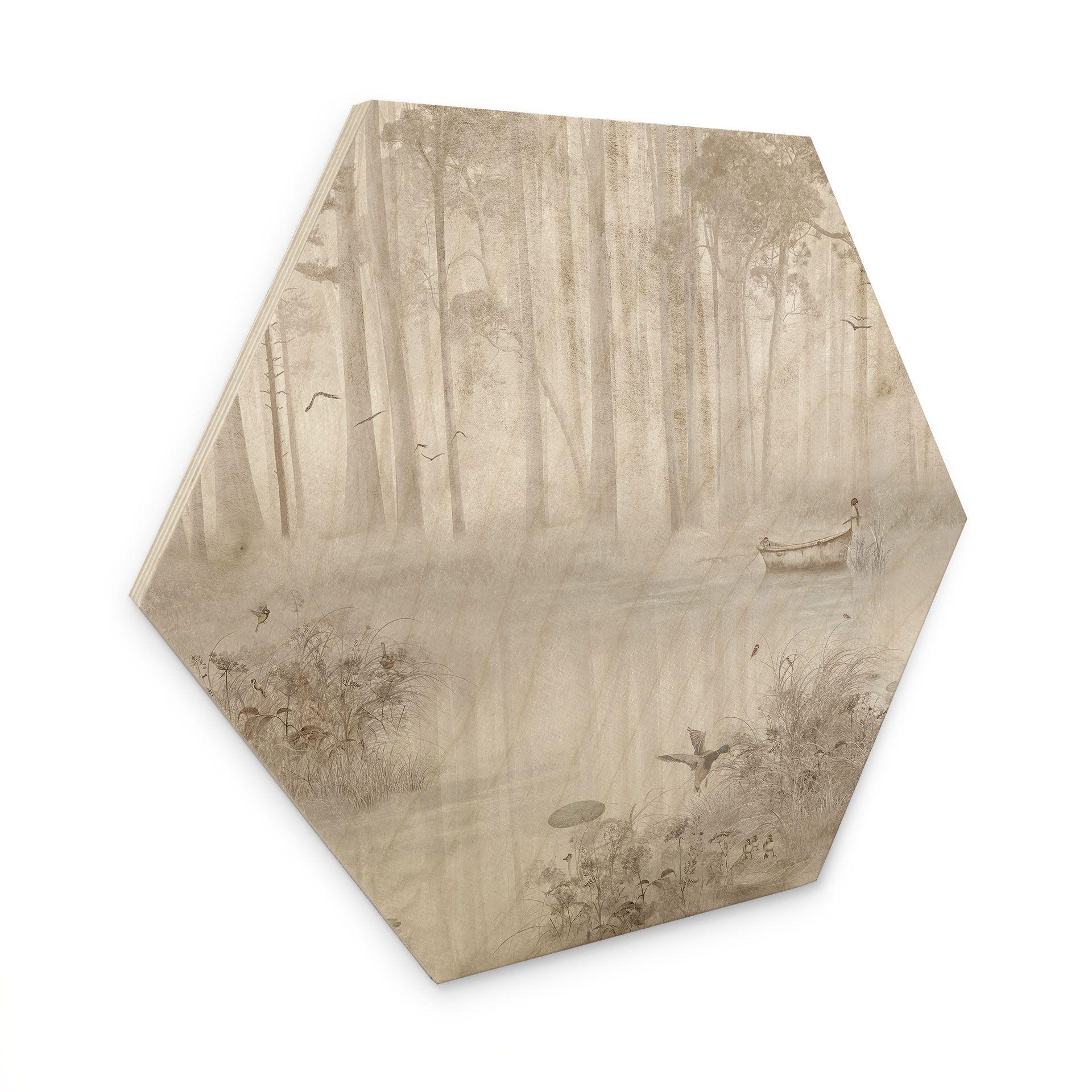 Houten Wanddecoratie bos bij het meer in beige mist - Ms Tiff