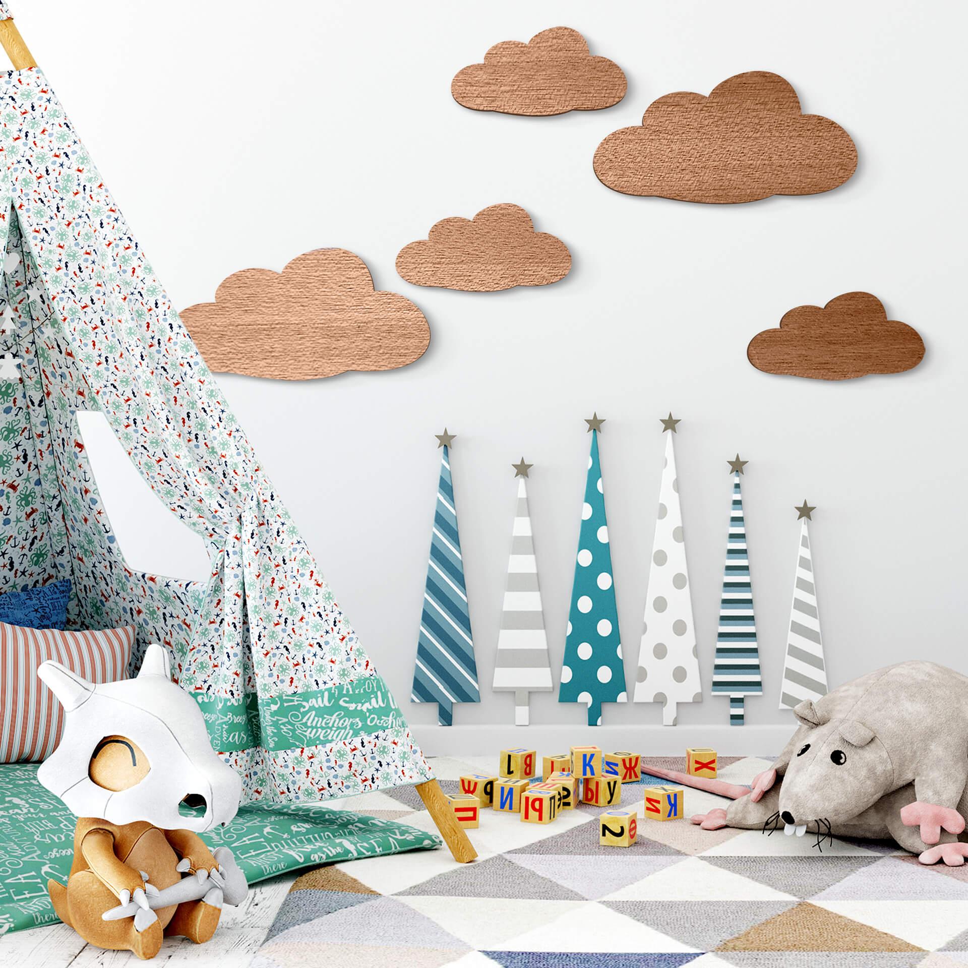 Decoración en madera caoba - Juego de nubes (5 piezas)